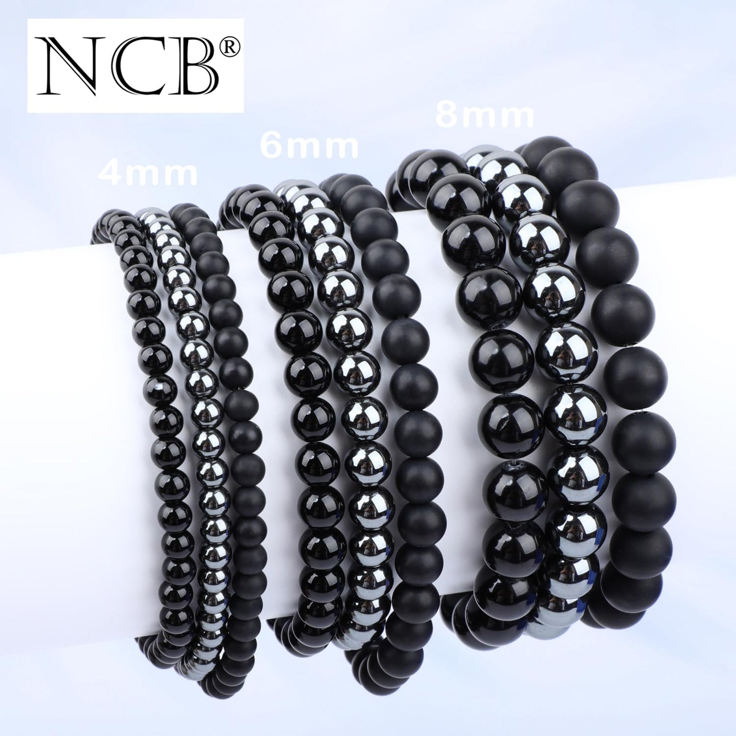 NCB 3-Piece 4mm Natural Crystal Gemstone Stretch Bracelets – ﻿Black Onyx, Hematite, Matte Black Agate Handmade Reiki Energy Healing Jewelry for Meditation,Yoga, Unisex