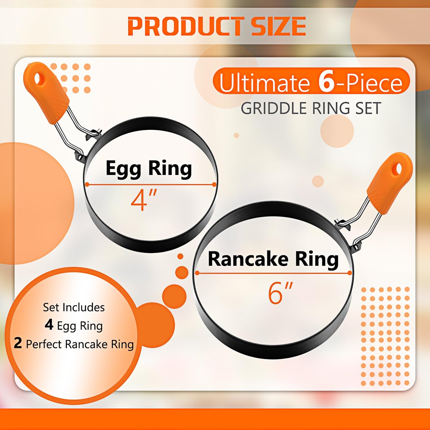Patelai 6 Pcs Professional Egg Ring Pancake Ring Set Stainless Steel Fried Egg Molds Griddle Pancake Shapers with Orange Silicone Handle for Breakfast Omelette Sandwich(4, 6 Inch)