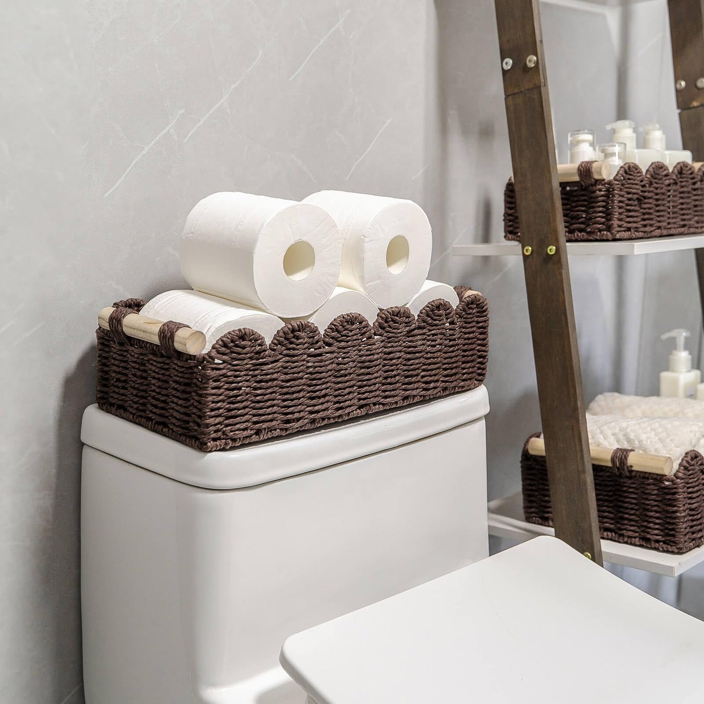 CubesLand Paper Rope Scalloped Edge Shelves Storage Basket, Woven Toilet Paper Baskets for Over Toilet Storage Shelf, Ending Table, Floating Shelves Organizing or Home Décor, with Wood Handle, Brown