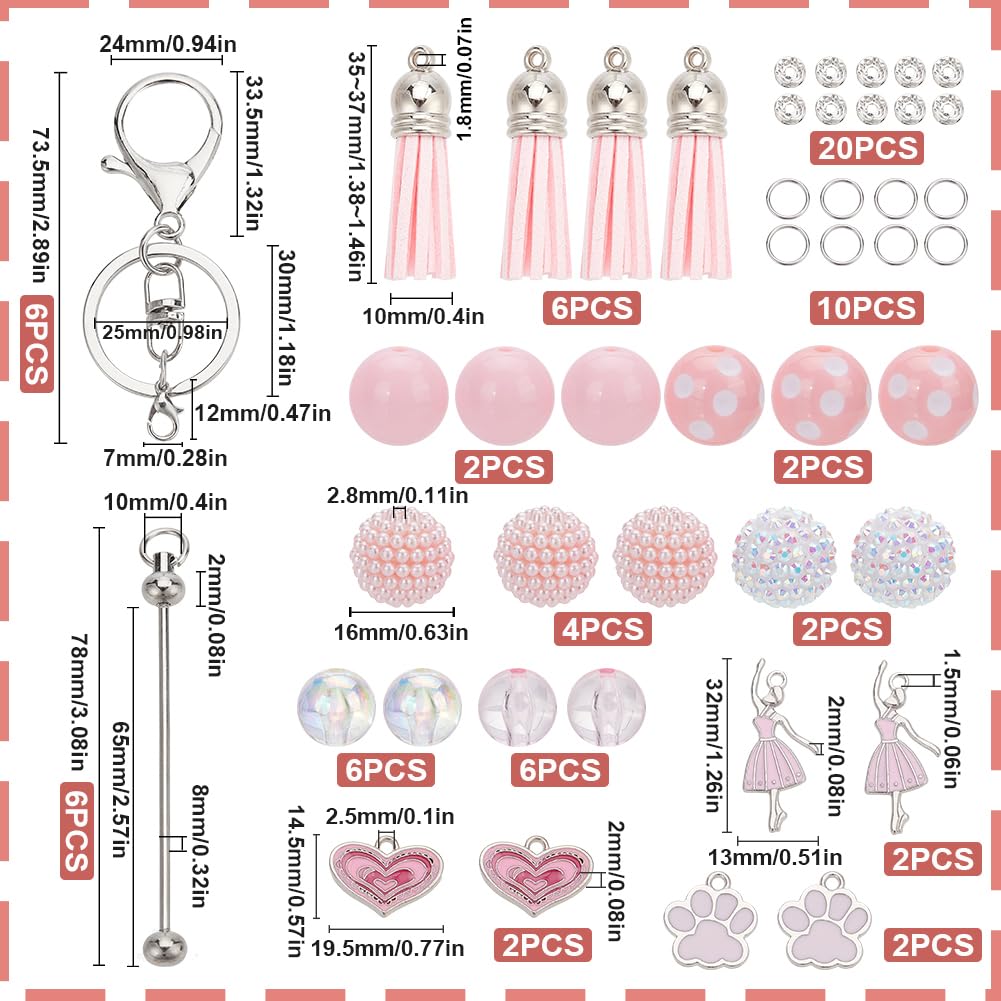 SUNNYCLUE DIY 6 Sets Valentines Day Keychain Making Kit Bead Keychain Bars Romantic Pink Charms Beadable Keychains Bar Keychain for Women Adults Gift Holiday Party Favor Office School Supplies