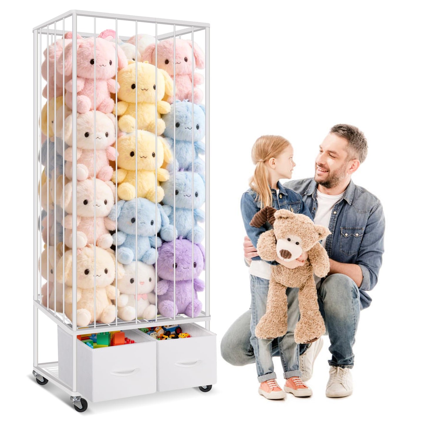 Stuffed Animal Storage - Large Stuffed Animal Zoo Holder with 2 Toy Bins - Plushies Storage with Elastic Band - Metal Plush Toy Organizer Brake Wheels Perfect for Toddler Rooms Playrooms Bedroom