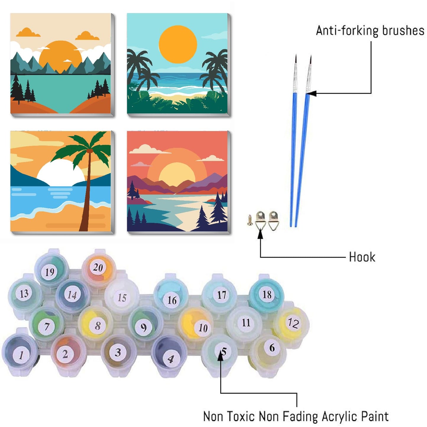 FQOVKYN 4 Framed Landscape DIY Paint by Numbers Kit for Adults Beginner, Sunset Easy Painting by Number with Frame, Acrylic Paint Kit Arts and Crafts for Adults for Decor 8x8inch
