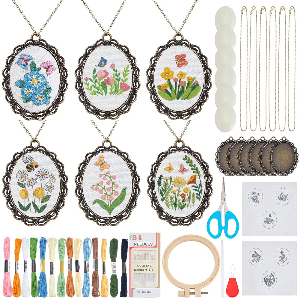 INFUNLY 6 Sets DIY Flower Embroidery Pendant Kit with Chains for Adult Beginners Insect Embroidery Necklace Kits with Instructions Floral Necklace Starter Cross Stitch Kit for DIY Art Craft Women Gift