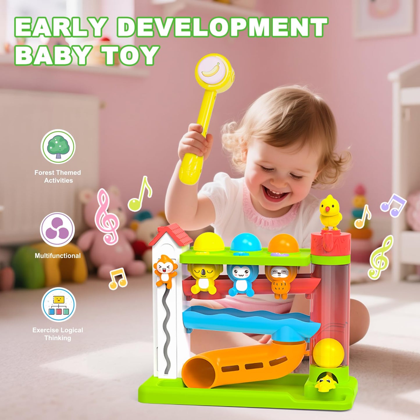 Ussybaby Toddler Musical Toys for 1+ Years Old Boy,Motor Skills Developmental Baby Toy 12-18 Months,Bilingual Toddler Learning Ball Drop Toy， Birthday Gift Toys for 1 2 Year Old Boys & Girls(Green)