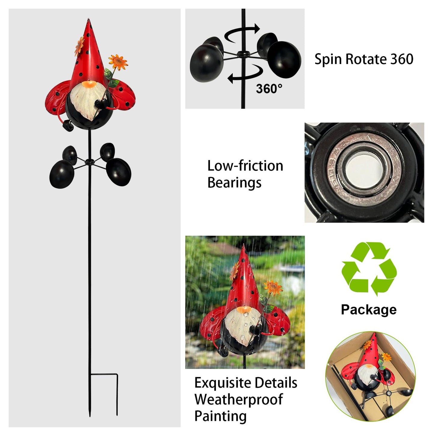 HONGLAND Gnome Metal Yard Art, Gnomes Garden Statue Outdoor Decor, 48 inch Gnome Decorations 360 Degrees Swivel Wind Spinner for Outdoor Patio Garden Backyard Décor - Ladybug