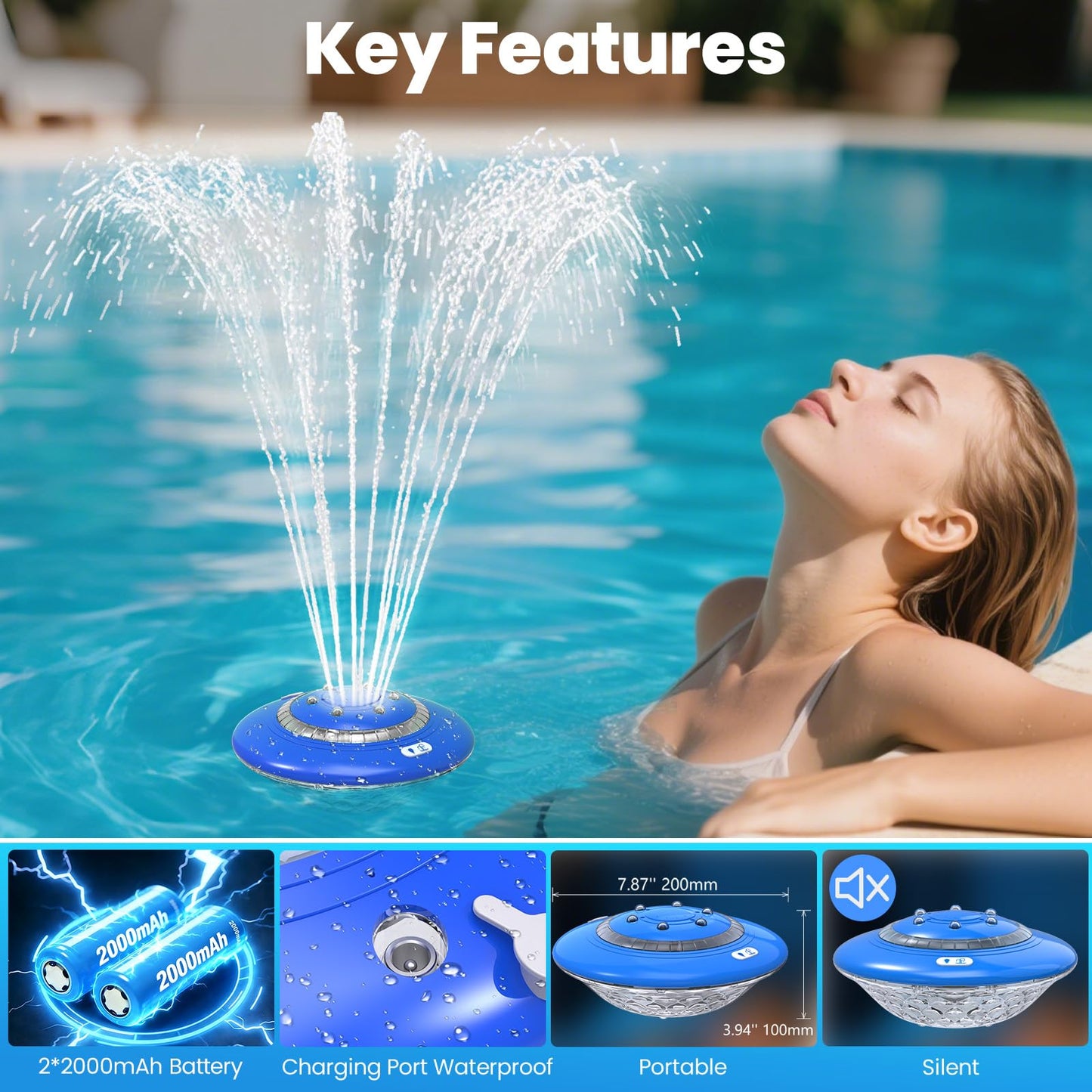 Floating Pool Fountain with Lights Show, 9 Pool Light Modes and 3 Fountain Modes with Remote for Inground Above Ground Pool, Upgraded Rechargeable Pool Fountains with Anchor-1 PC
