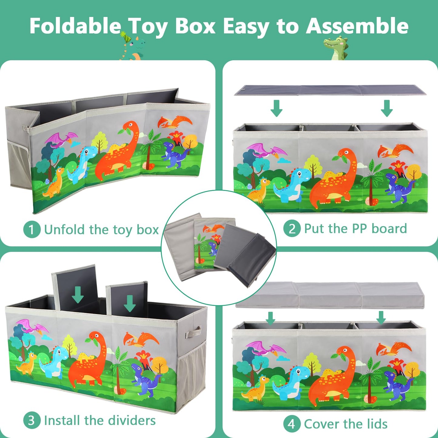 KORVAX Extra Large Toy Box Chest with Lids, Collapsible Toy Storage Organizer for Kids, Dinosaur Toy Bin Box for Toddlers Boys Girls, Toy Organizer for Living Room Nursery Playroom Bedroom Home Grey