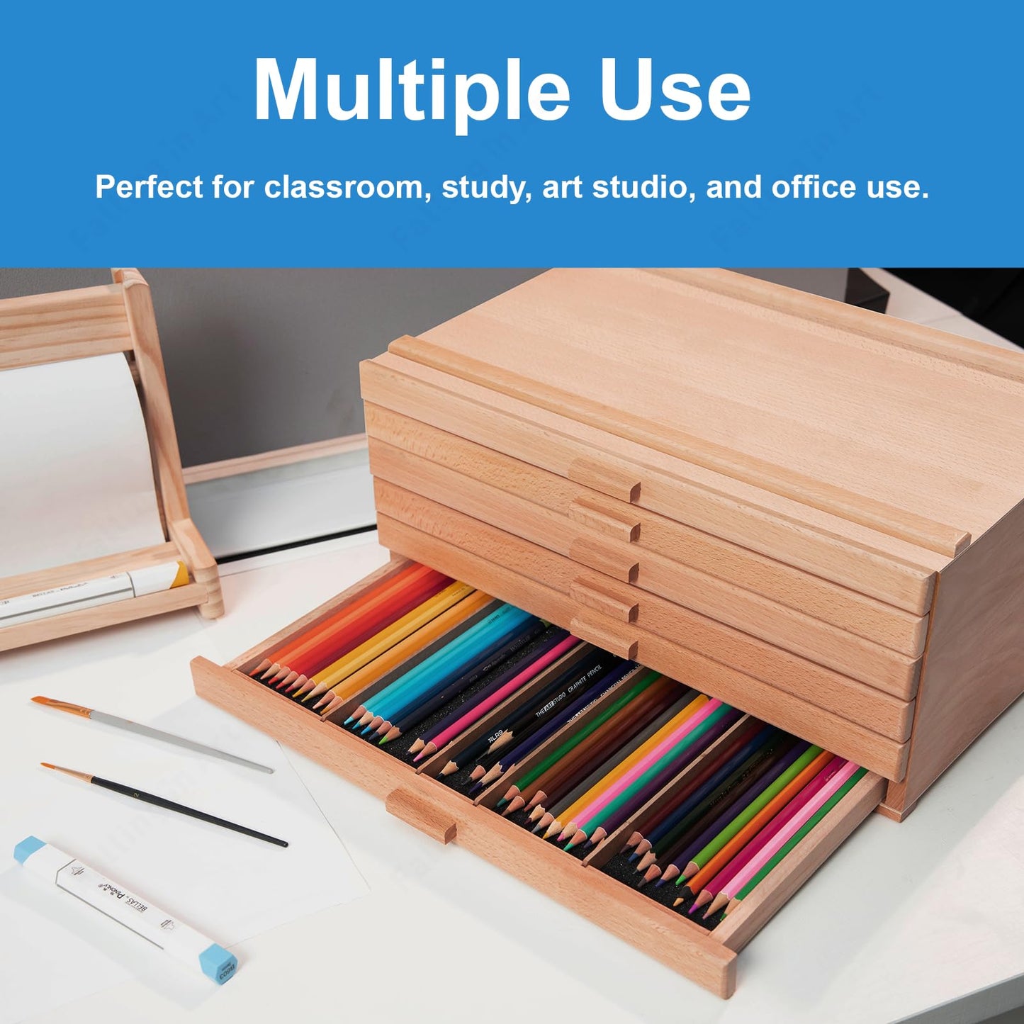 Falling in Art 6 Drawer Artist Supply Storage Box, Wooden Pastel Storage Box, Portable Organizer Box for Pastels, Pencils, Markers, Brushes and Art Supplies