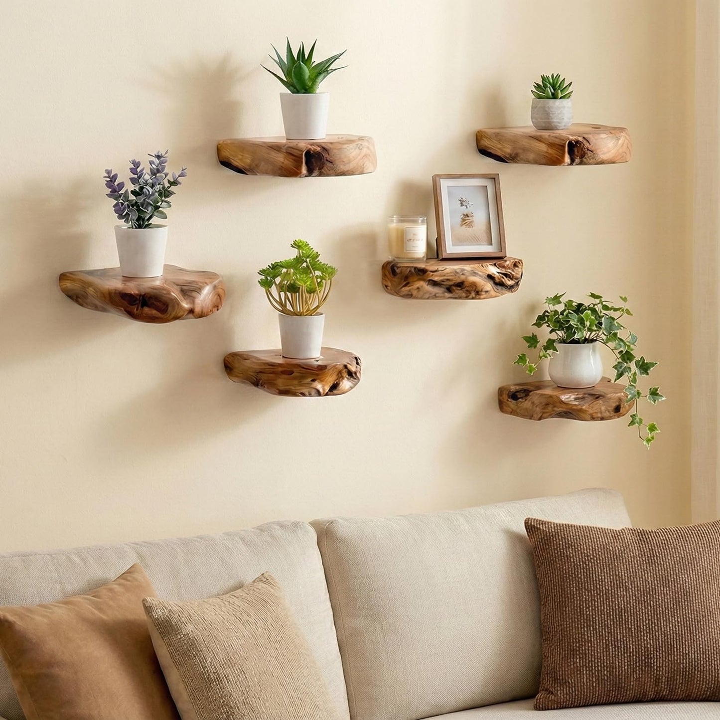 WELLAND Natural Edge Cedar Wood Show Case Display Shelves, Wood Floating Shelf, Set of 3, 6 x 6 x 1.6 inches - Rustic Wooden Floating Wall Shelves for Home Decor, Plants, Photos, and Collectibles