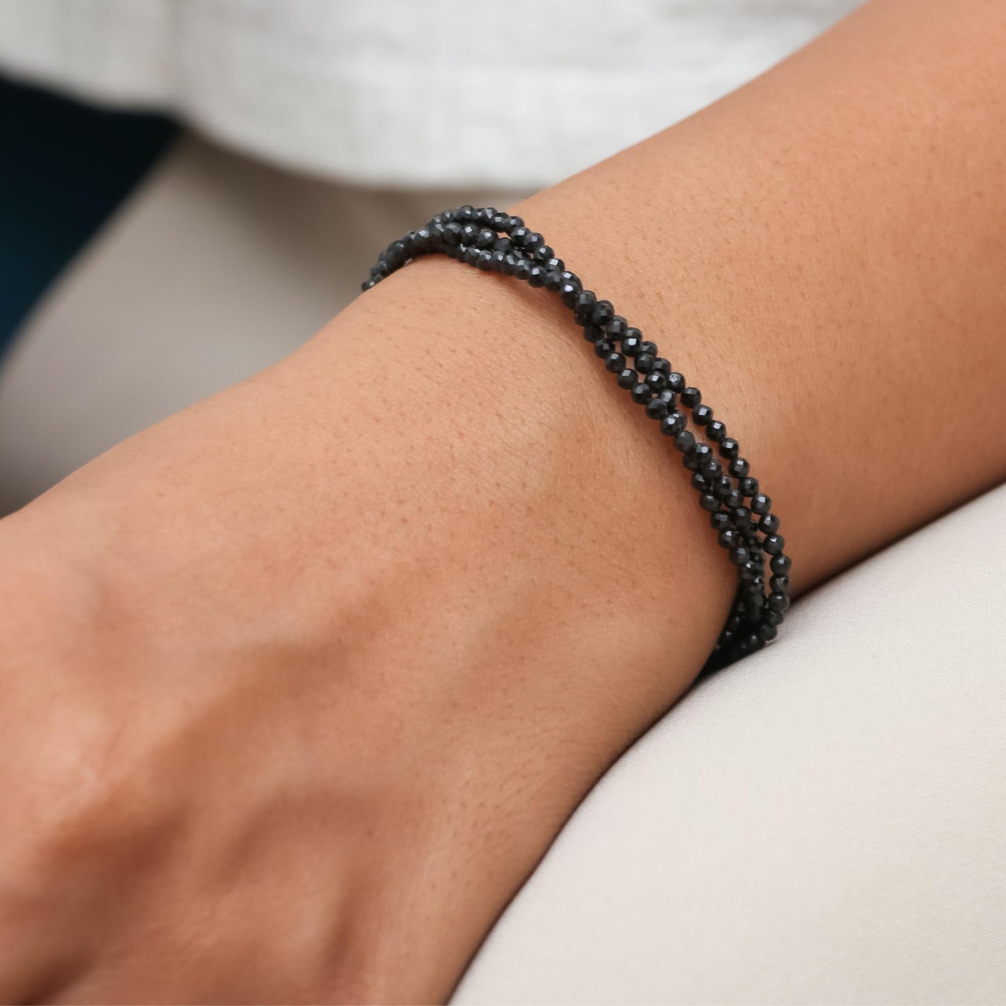 Gempires Natural Black Spinel Beaded Bracelet Gemstone Multi Strand Crystal Jewelry Hypoallergenic 8 Inch Gold Plated Elegant Birthday Jewelry Gifts for Women