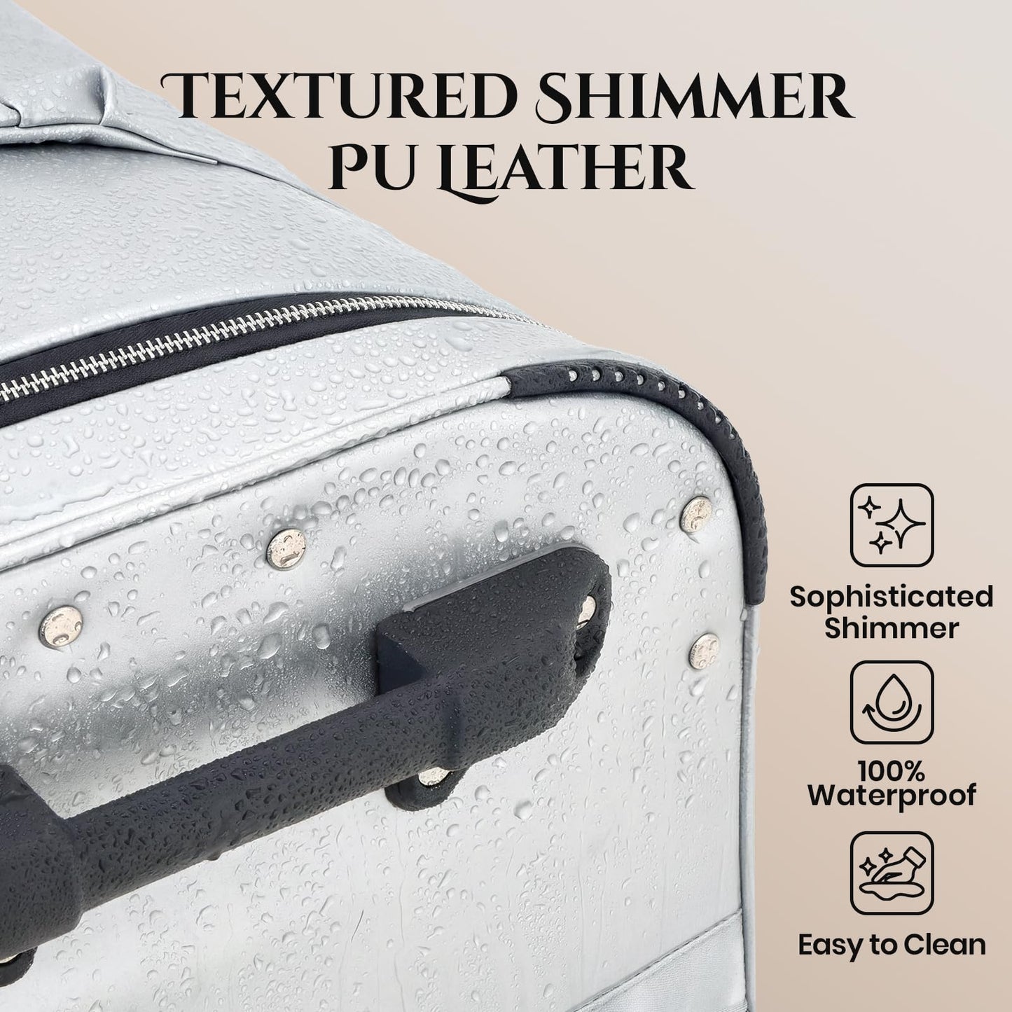 Fanwoli 23" Dance Bag with Garment Rack | Luminous Poise Collection | Waterproof Lustrous Satin Fabric | Competition Travel Duffel Luggage for Cheer, Skating, Gymnastics & Sleepover | Moonlight Silver