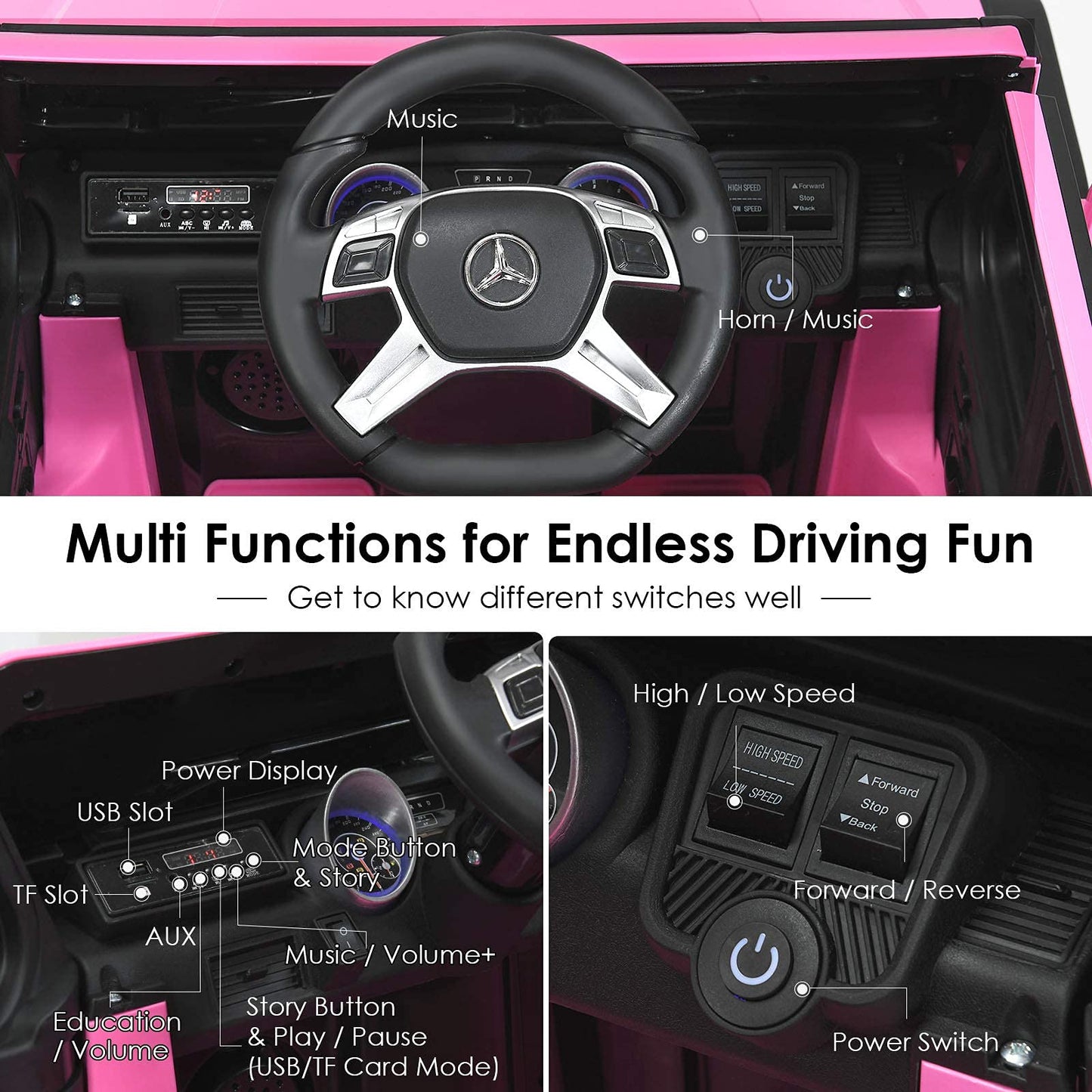 HOMGX Ride On Car, 12V Battery Powered Truck w/2.4G Remote Control, Motorized Toy w/3 Speeds & Spring Suspension, Double Door w/Lock, Licensed Mercedes-Benz Electric Cars for Kids (Pink)