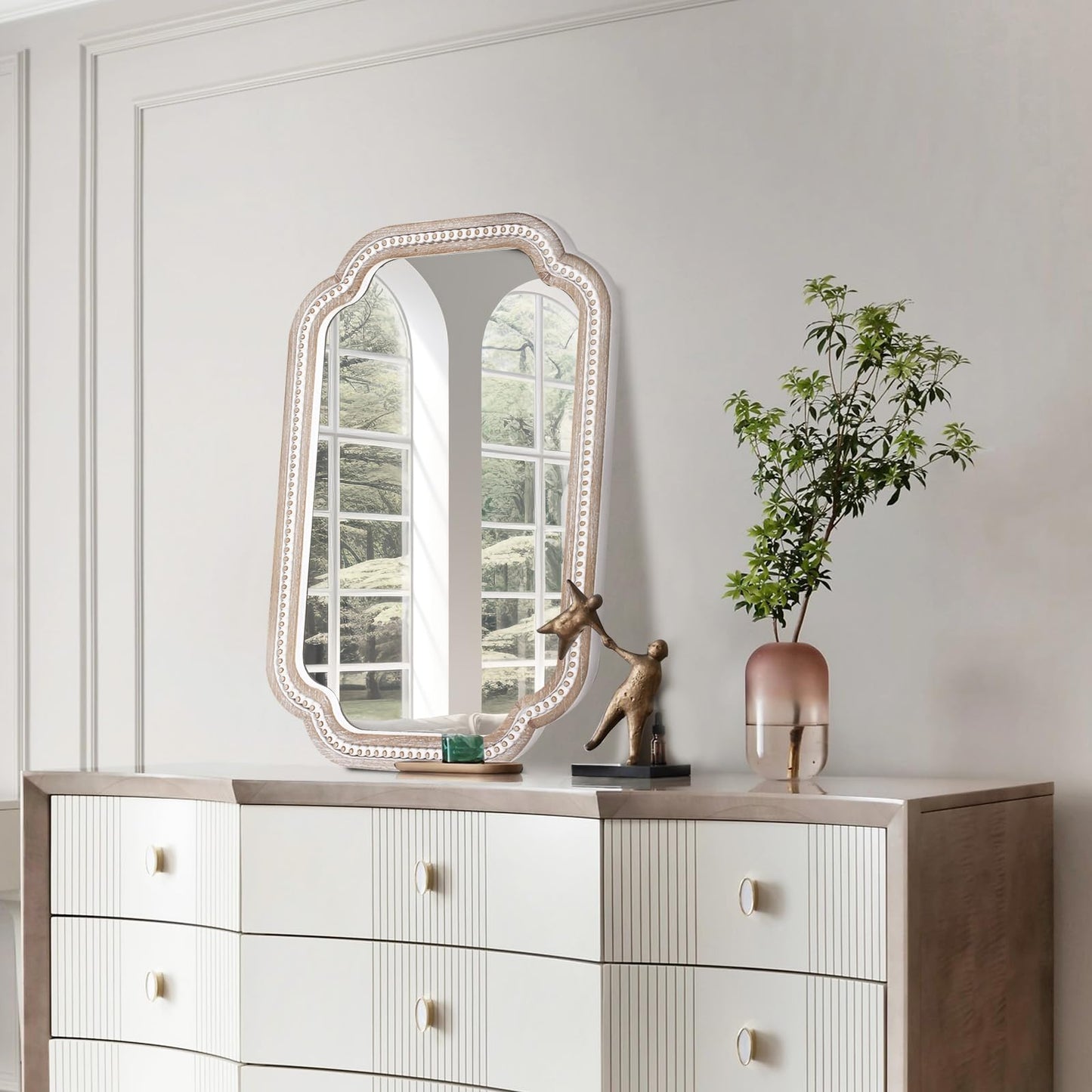 36x24 Inch Boho Wooden Scalloped Mirror for Entryway, Rustic Farmhouse Decorative Mirrors for Bathroom Over Sink, Living Room, Bedroom, Hallway (Vertical/Horizontal)
