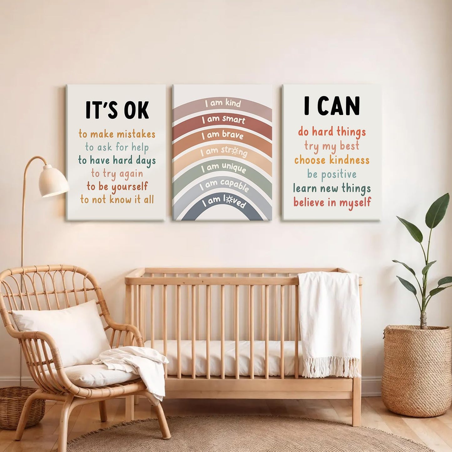 RUMSICH 3-Pcs Children's Motivational Quotes Canvas Framed Wall Art: I am Kind and Brave Wall Decor Artwork with Positive Affirmations Poster Print for Baby Room/Toddler Room Decoration16 x 24 inch