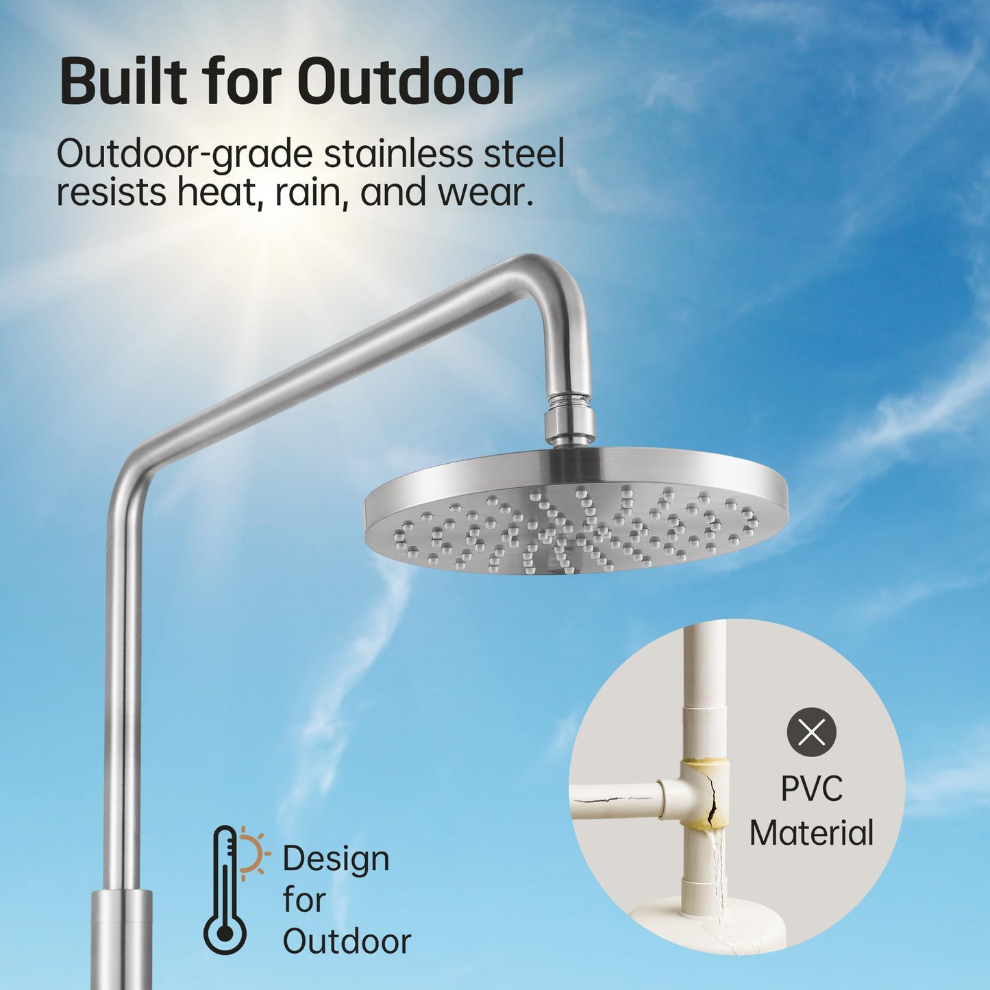 KES Natural Marble Outdoor Shower with Weighted Base, Freestanding Poolside Rain Shower Head & Foot Rinse, 3/4" Brass Hose Adapter, Anti-tip Strap & Ground Stake, 18/8 Stainless Steel, ODS200F18-BS