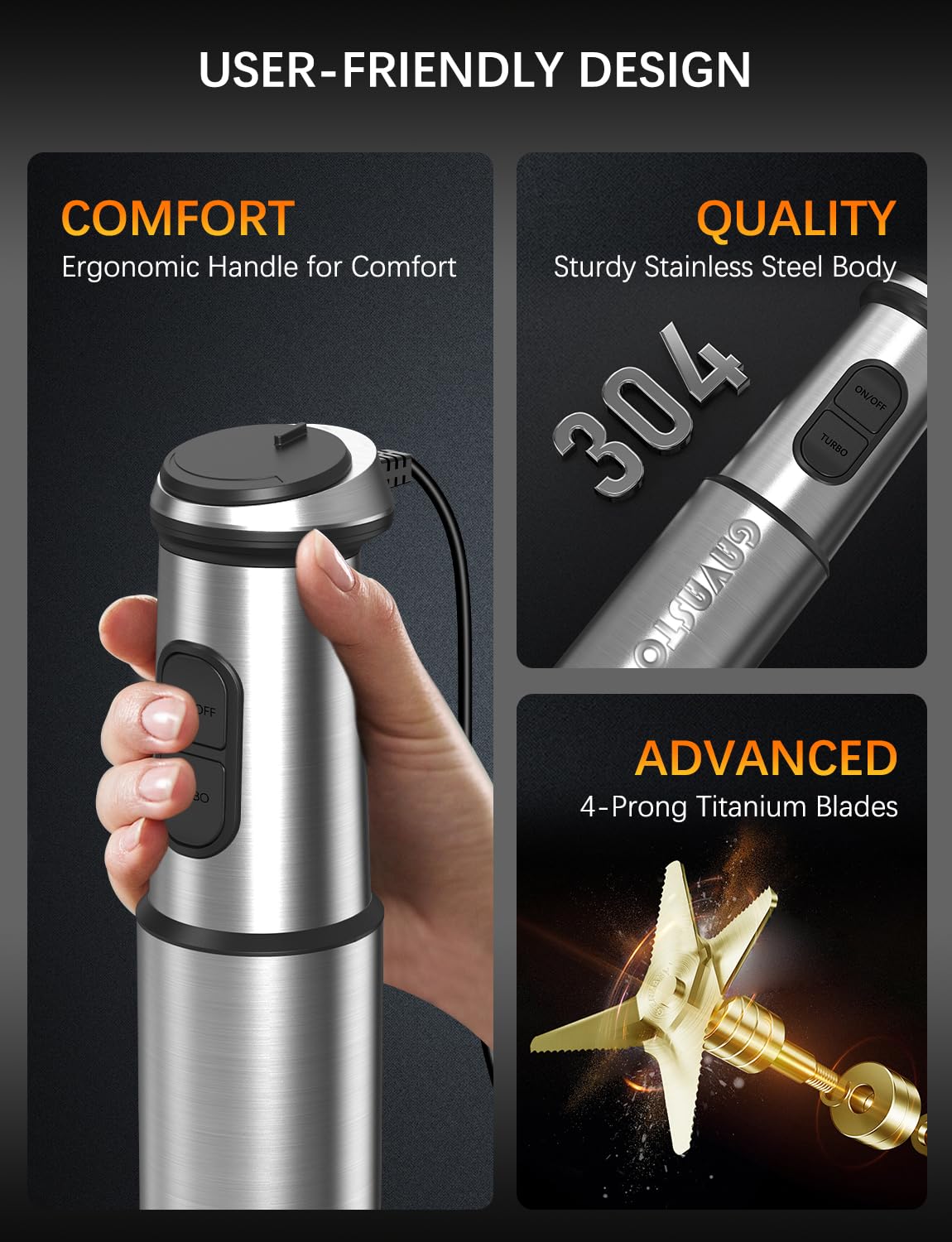 Immersion Blender Handheld GAVASTO Hand Blender,20 Speeds and Turbo Mode Hand Mixer, 3-in-1 Heavy Duty Copper Motor Stainless Steel