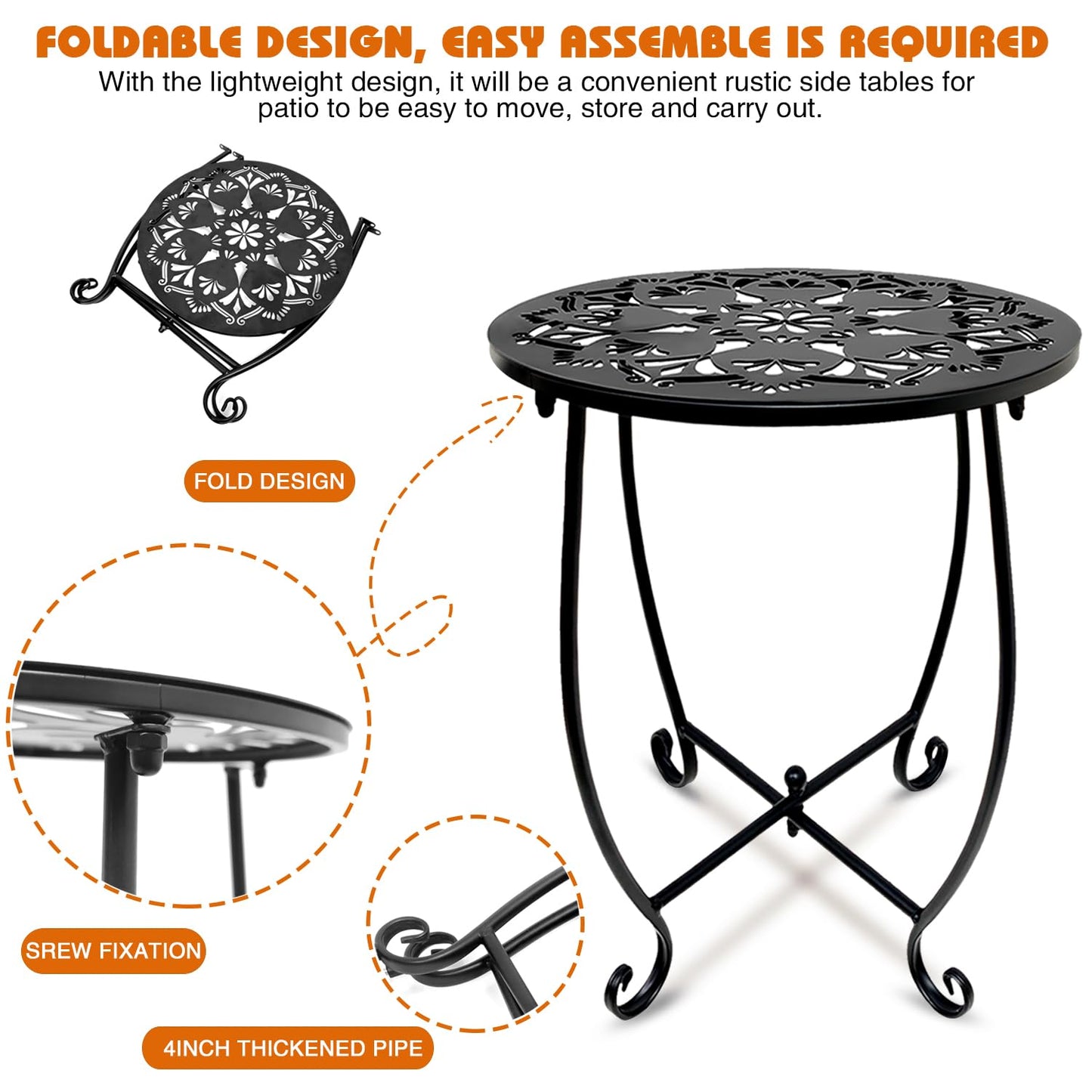 Fashion&cool Outdoor Side Tables, 14 Inch Rust-Resistant Metal Side Table for Outdoor, Round End Table Side Table for Patio Yard Porch Balcony Garden Bedside, Plant Stand (Black)