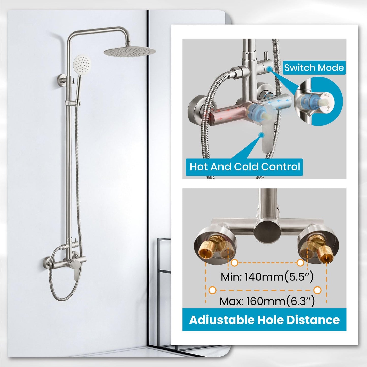 gotonovo SUS304 Outdoor Shower Fixture High Pressure Shower System Combo Wall Mount 2 Dual Function Shower Faucet Set Round Handheld Spray Brushed Nickel Single Handle