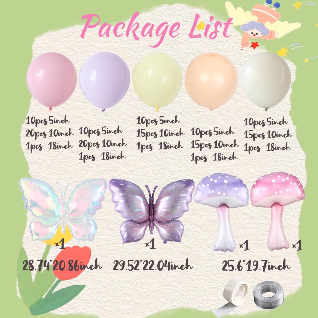 Pastel Balloon Arch Garland Kit,146Pcs Pink Purple Nude White Mushroom Buttefly Balloons for Girls Fairytale Spring Garden Tea Party Bride Baby Shower