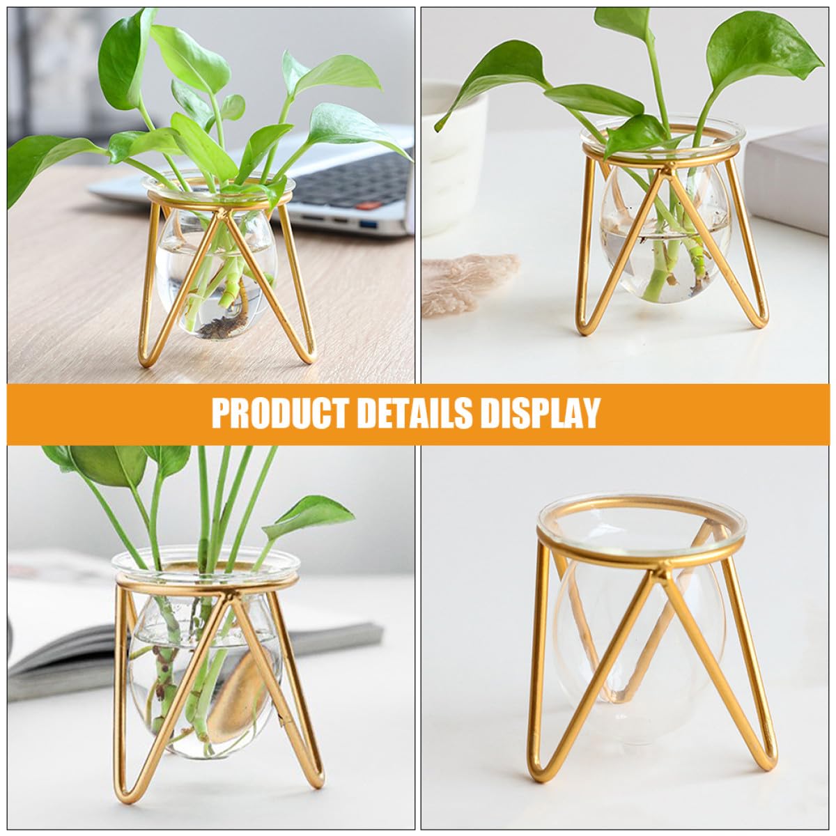 VICASKY Hydroponic Glass Plant Container with Metal Stand, Small Gold Desktop Flower Vase for Air Plants and Terrarium Décor, Glass Hydroponic Pot for Wedding and Office Use