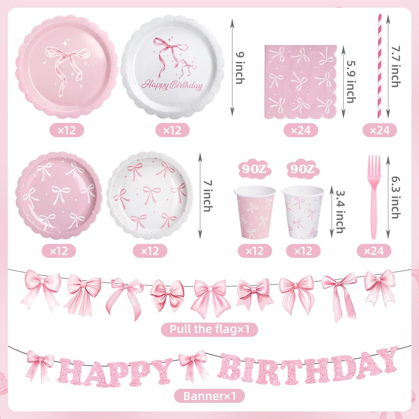 Pink Bow Coquette Birthday Decorations for 24 Guests, Party Supplies with Plates, Napkins, Cups, Balloon Garland Arch, Happy Birthday Banner, Tablecloth, Backdrop, Cake & Cupcake Toppers