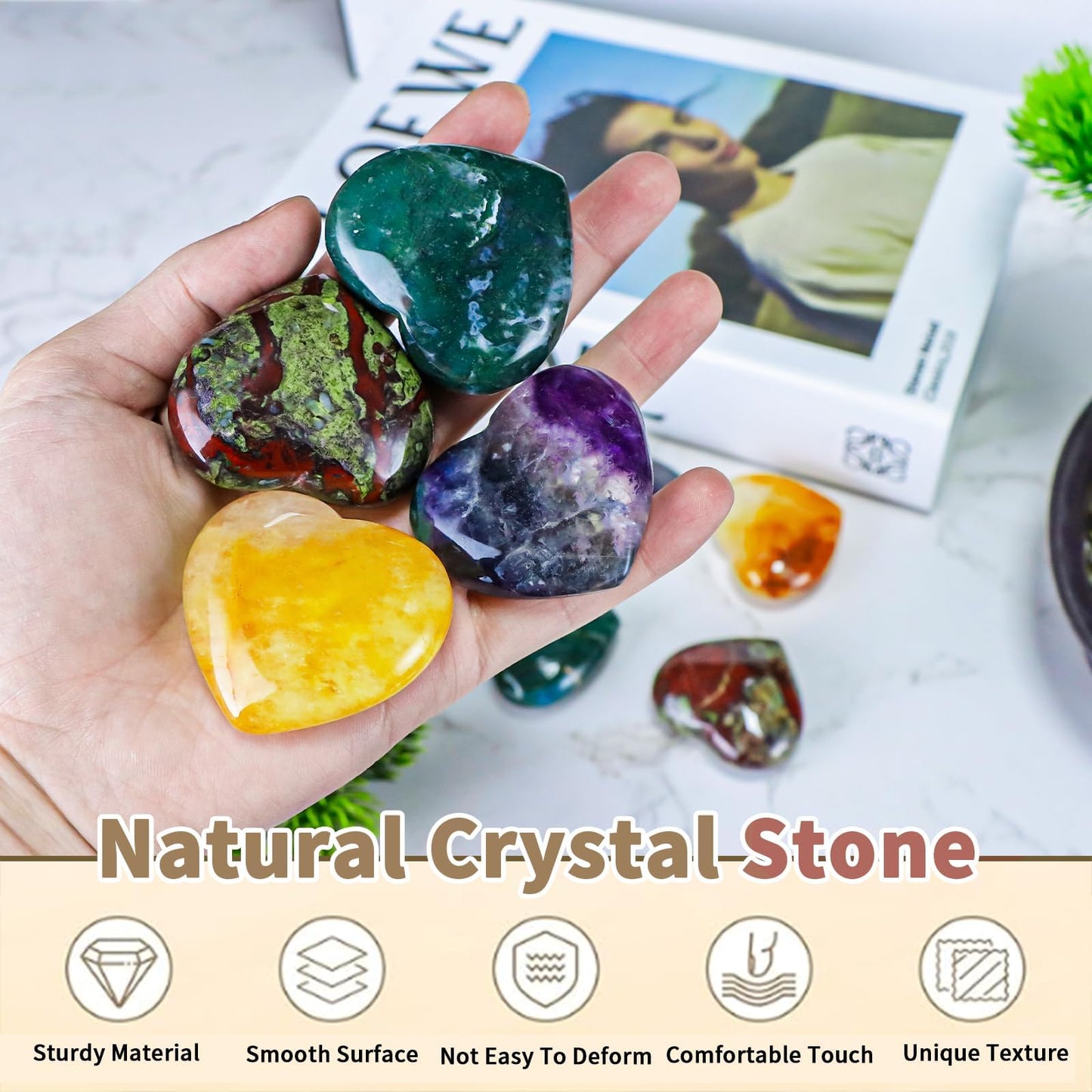 LEADGEM 50mm Dragon Blood Stone Heart Crystal Worry Stone for Anxiety Healing Crystals Heart Shaped Rock for Home Office Decoration