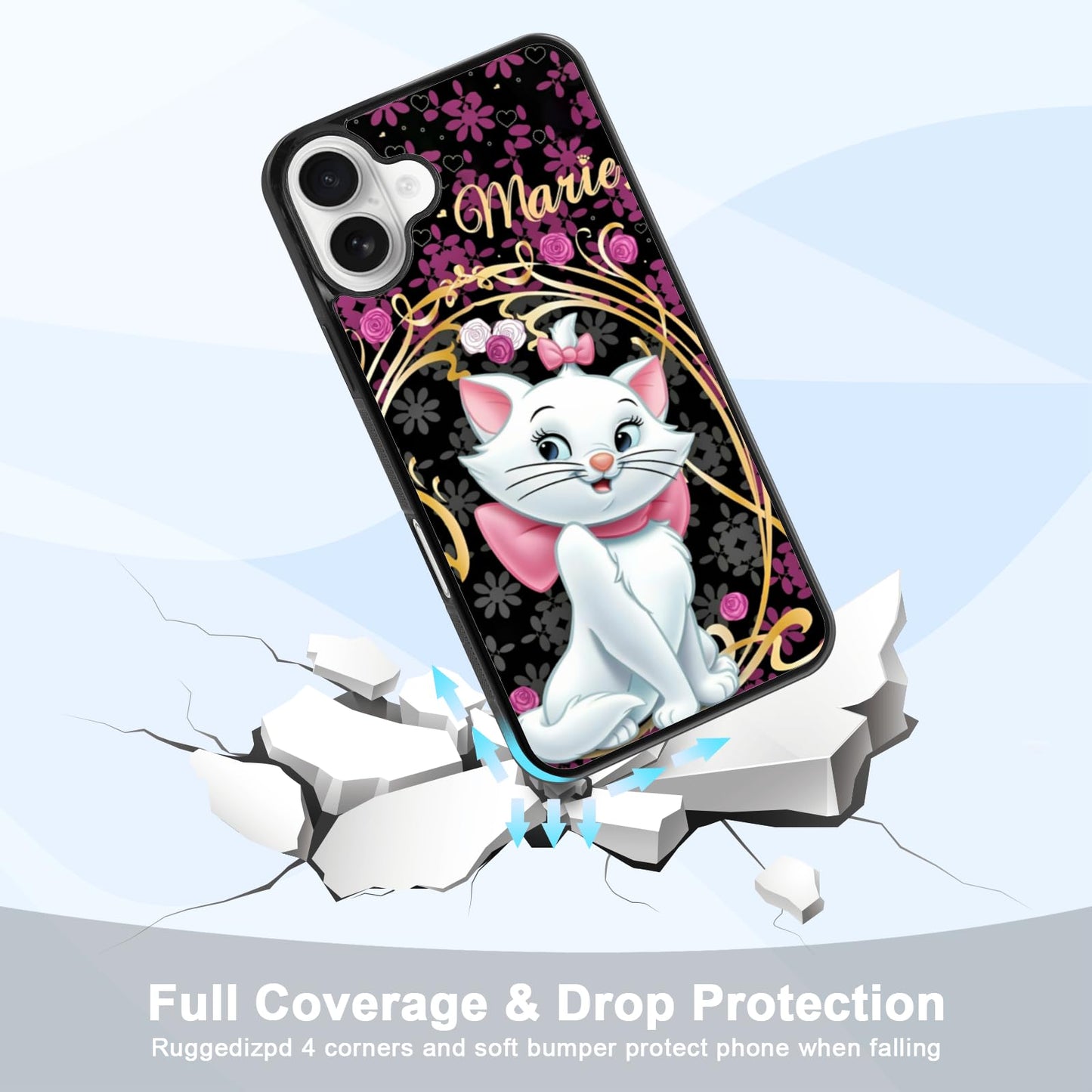 MMYAJT Graceful Marie Cat Phone Case Compatible with iPhone 16 Plus — Golden Lace iPhone Case Shockproof Fuchsia Pink Roses Phone Cover Gift for Boy Girl Men Women