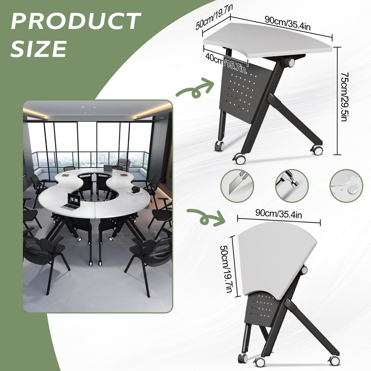 JFazzruit Folding Conference Table,Fan-Shaped Conference Room Tables with Wheels, Mobile Modular Seminar Meeting Desk for Classrooms,Office & Seminar (2, Fan-White)