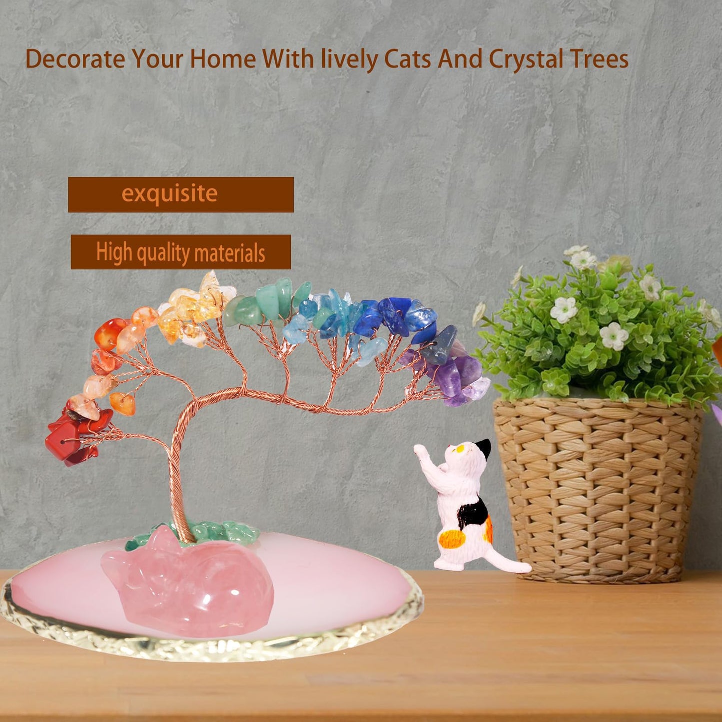 Dreamgirnh Opal Cat Chakra Crystal Tree and Healing Stones Cute Sleeping Cat Statue Lucky Kitten Figurine Office Bedroom Home Desk Fairy Garden Decoration cat Lovers Gifts for Women (Rose Quartz)