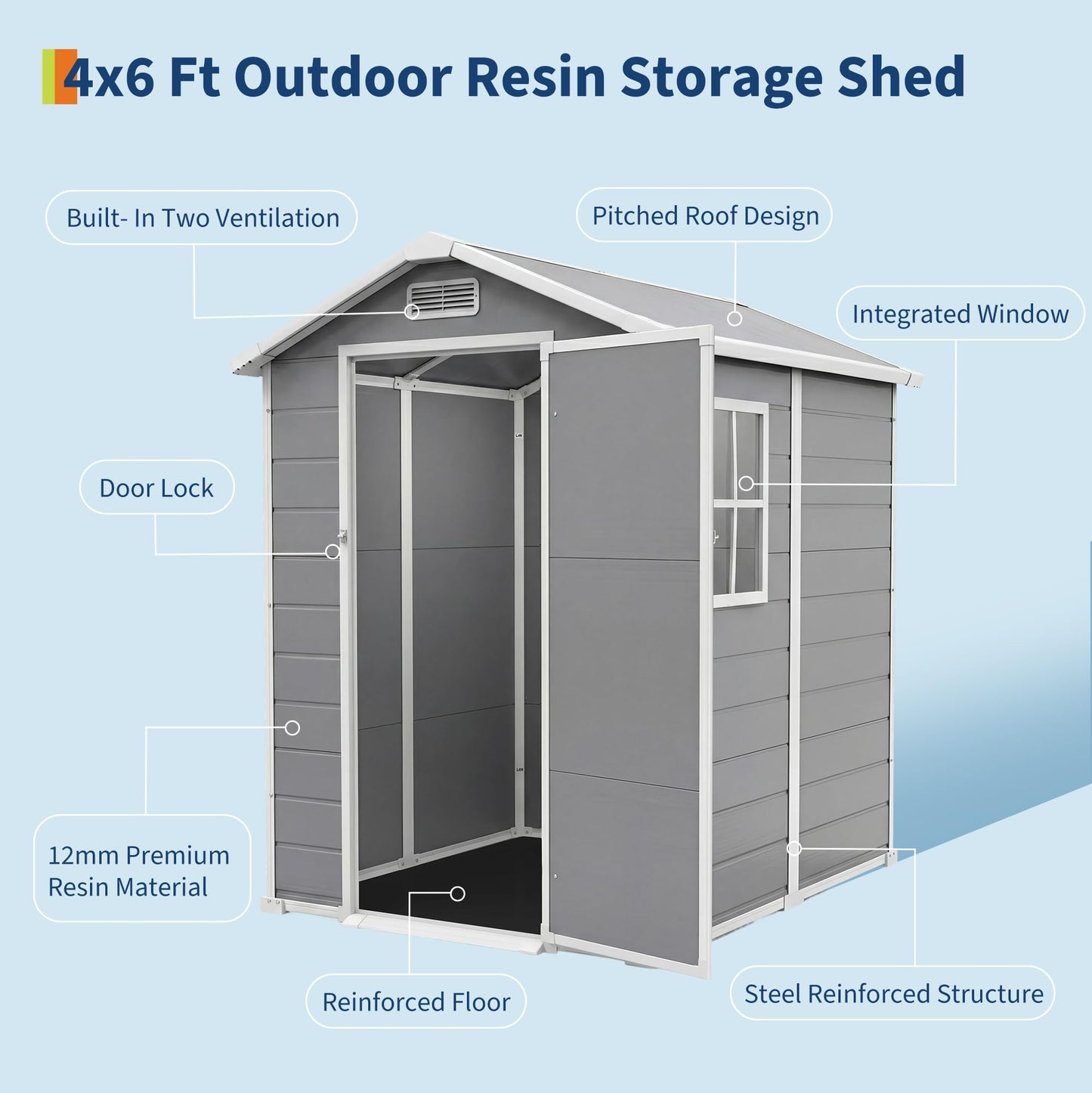 4x6 ft Outdoor Storage Shed with Floor, Plastic Resin Garden Shed with Window & Lockable Door, Tool Shed for Patio, Backyard, Lawn Mower, Bike Storage