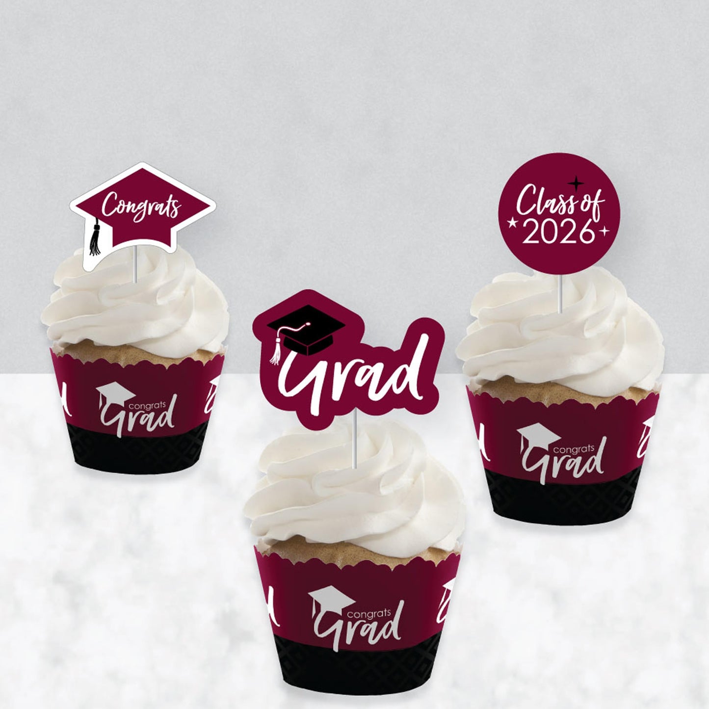 Big Dot of Happiness 2026 Maroon Graduation Cupcake Decoration - Party Cupcake Wrappers and Treat Picks Kit - Set of 24