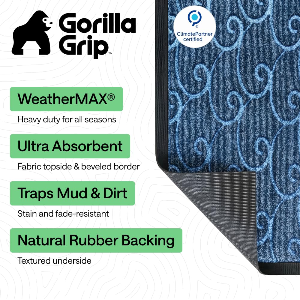 GORILLA GRIP 100% Waterproof All-Season WeatherMAX Doormat, US Designed Natural Rubber, Stain and Fade Resistant, Low Profile Indoor Outdoor Door Mats, Easy Clean Patio Mat, 29x17, Ocean Blue Waves