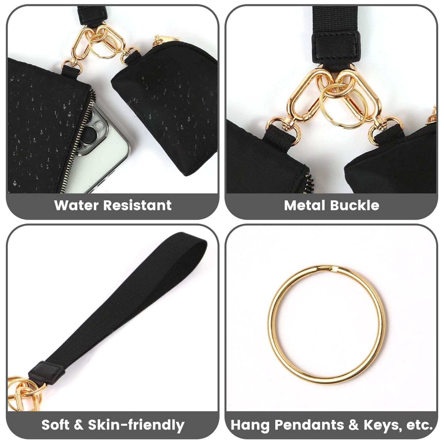 Mini Zip Around Wristlet Keychain Wallet for Women Detachable Dual Pouch Wristlet Portable Phone Coin Purse Coin Pocket (Black+Gold)