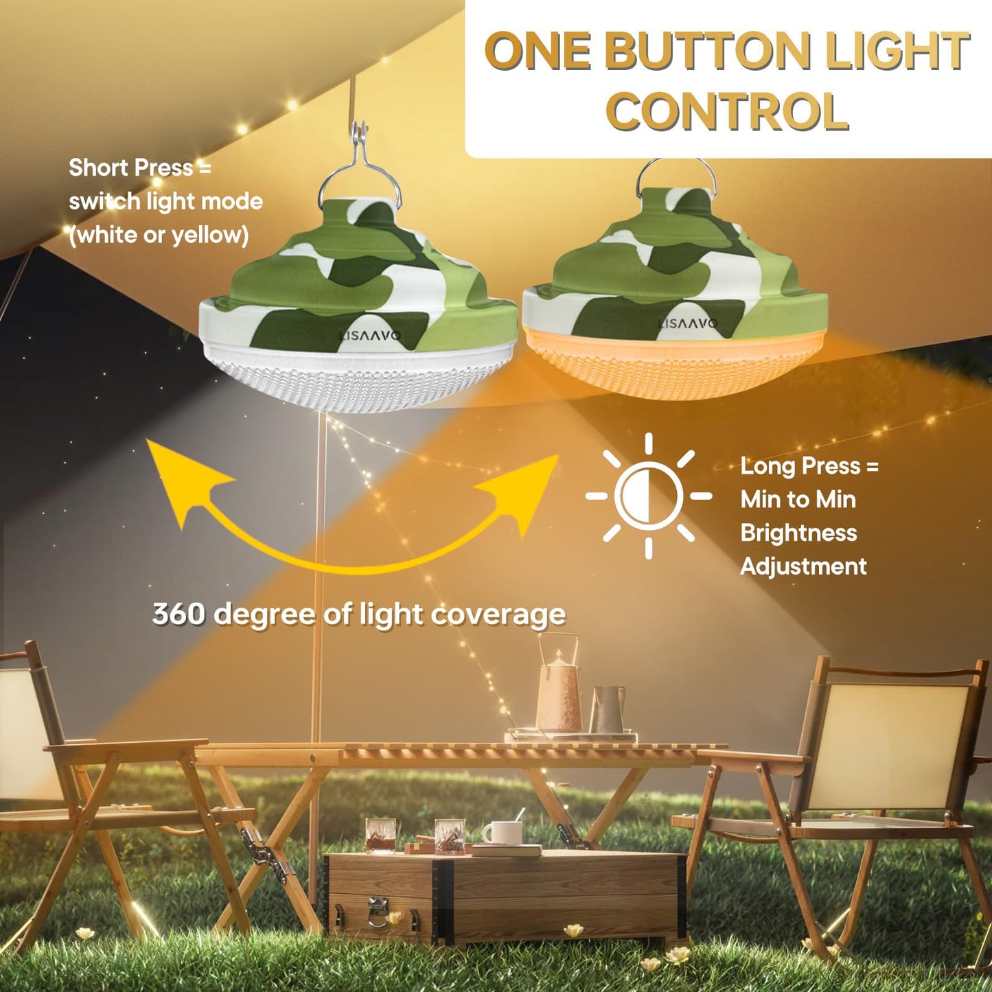 Lisaavo Camping Light, Rechargeable 5200mAh Car Tent Lights and Lanterns, with Hanging Hook
