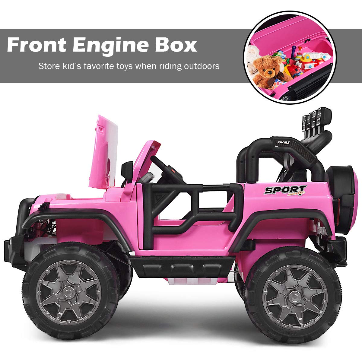 Costzon 2-Seater Ride on Truck, 12V Battery Powered Electric Vehicle Toy w/Storage, Remote Control, 3 Speed, LED Lights, MP3, Horn, Music, 2 Doors Open, Spring Suspension, Ride on Car for Kids (Pink)