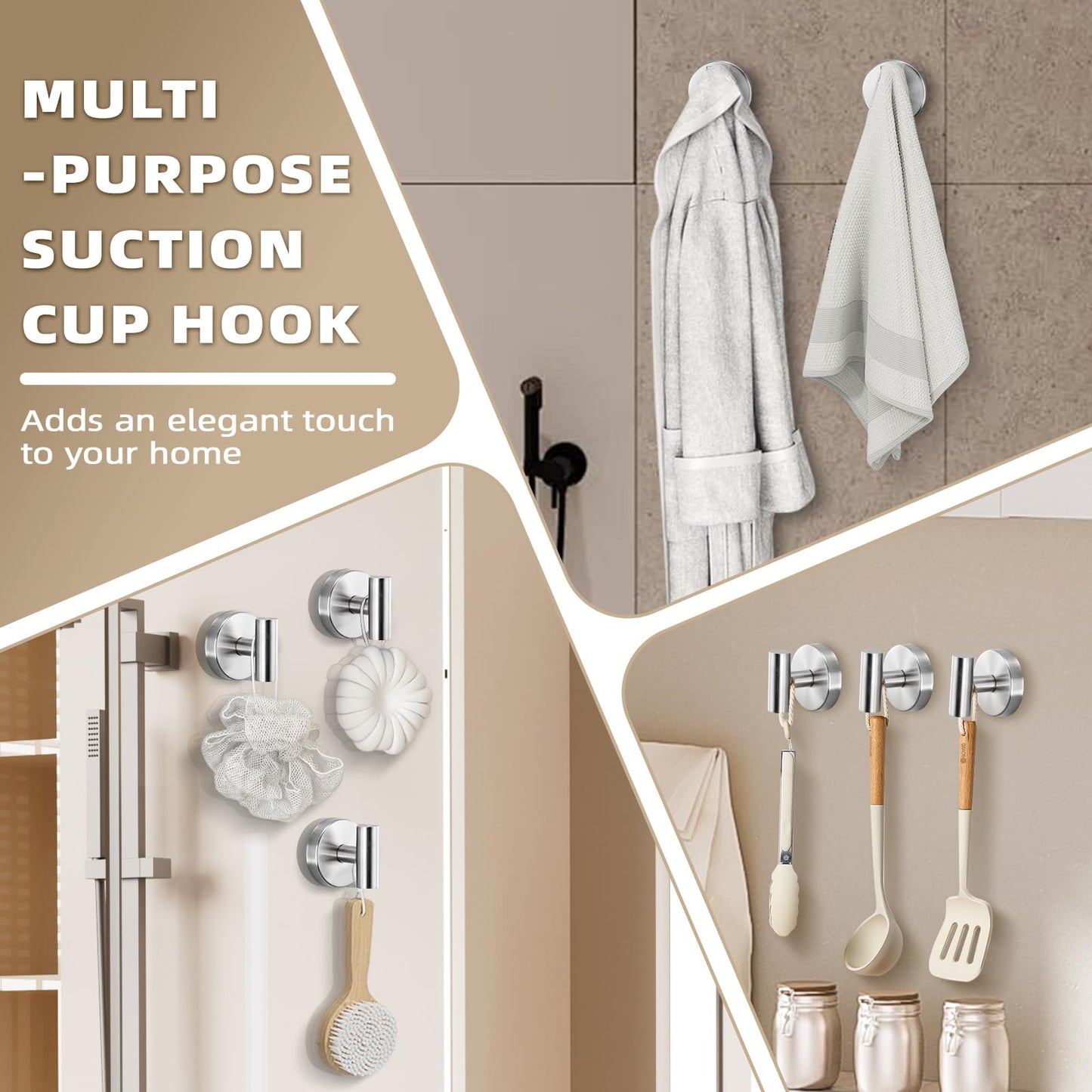 Fenas Suction Cup Hooks for Shower - Bathroom Reusable Hooks for Towels, Robes & Loofah - No-Drill Mounting on Kitchen,Walls,Metal,Glass,Mirrors,Tile & Smooth Non-Porous Surfaces (2, Brushed Nickel)