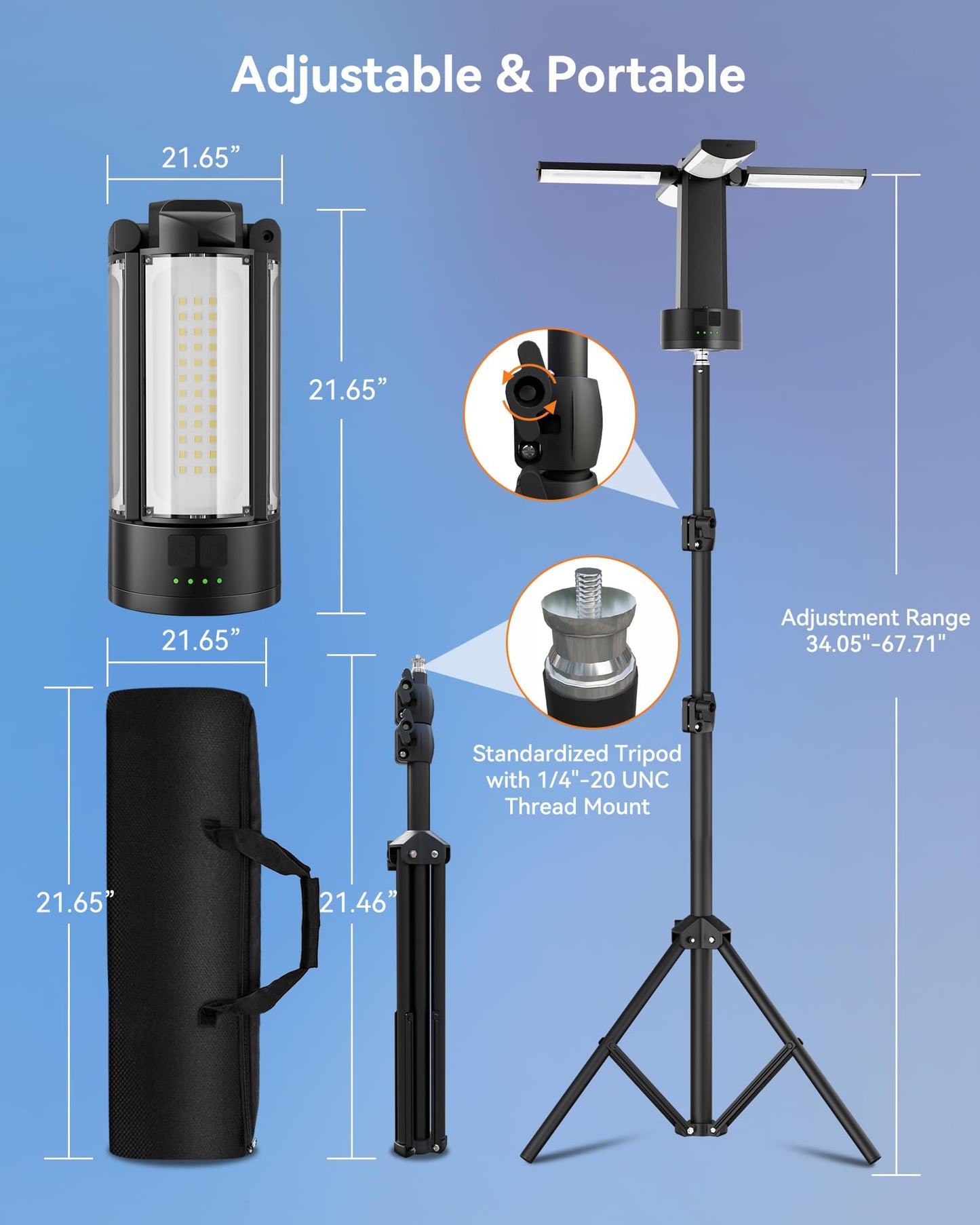 CORESLUX Rechargeable Camping Lights with Stand, 6000K Portable Work Light, 4 LED Lamp Heads Magnetic Flashlight with Detachable Tripod Camping Essentials for Outdoor Work, Garage, Camping, Fishing