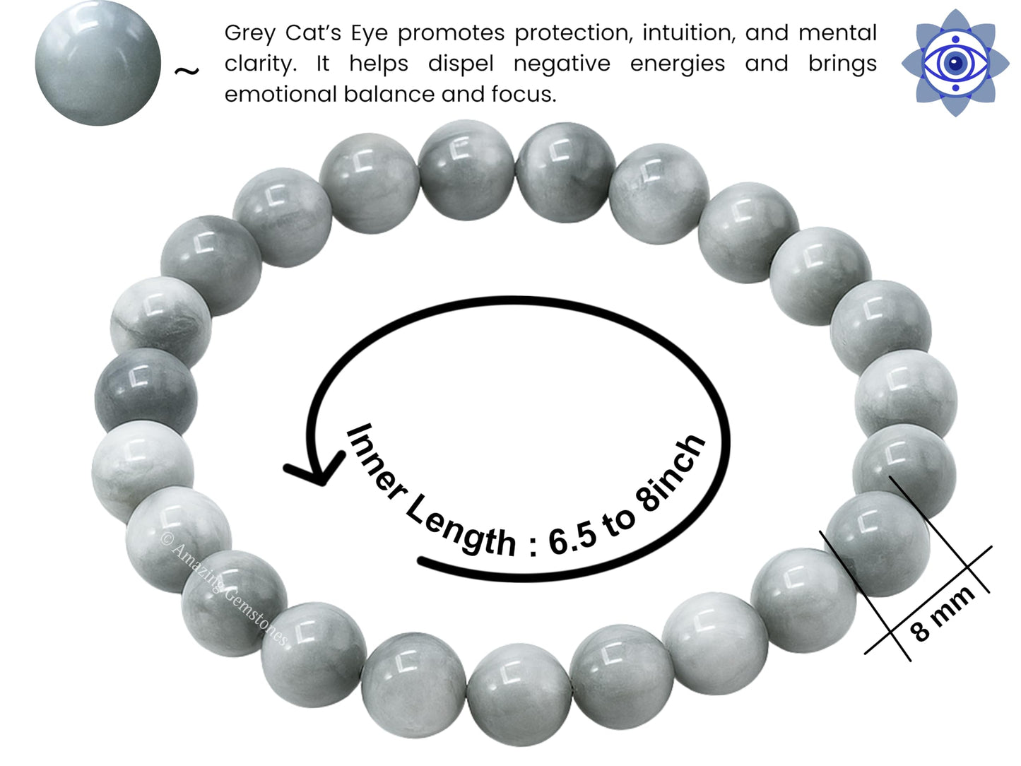 Amazing Gemstone Grey Cats Eye Bracelet for Women Men's Gifts - Protection Healing Crystal Bracelet - 8mm Gemstone Beaded Stretchable Bracelet Pulseras Para Hombres Mujer Stocking Stuffers Mothers Day Gift
