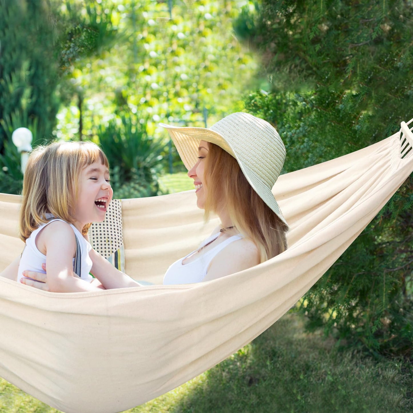 Chihee Cotton Hammock Holds Up to 660lbs Fabric Hammock 8.9x4.9ft Soft Portable Tree Hammocks Camping with Detachable Spreader Bar Pillow 2 Strong Webbings 2 Carabiners Indoor Outdoor Backyard Garden
