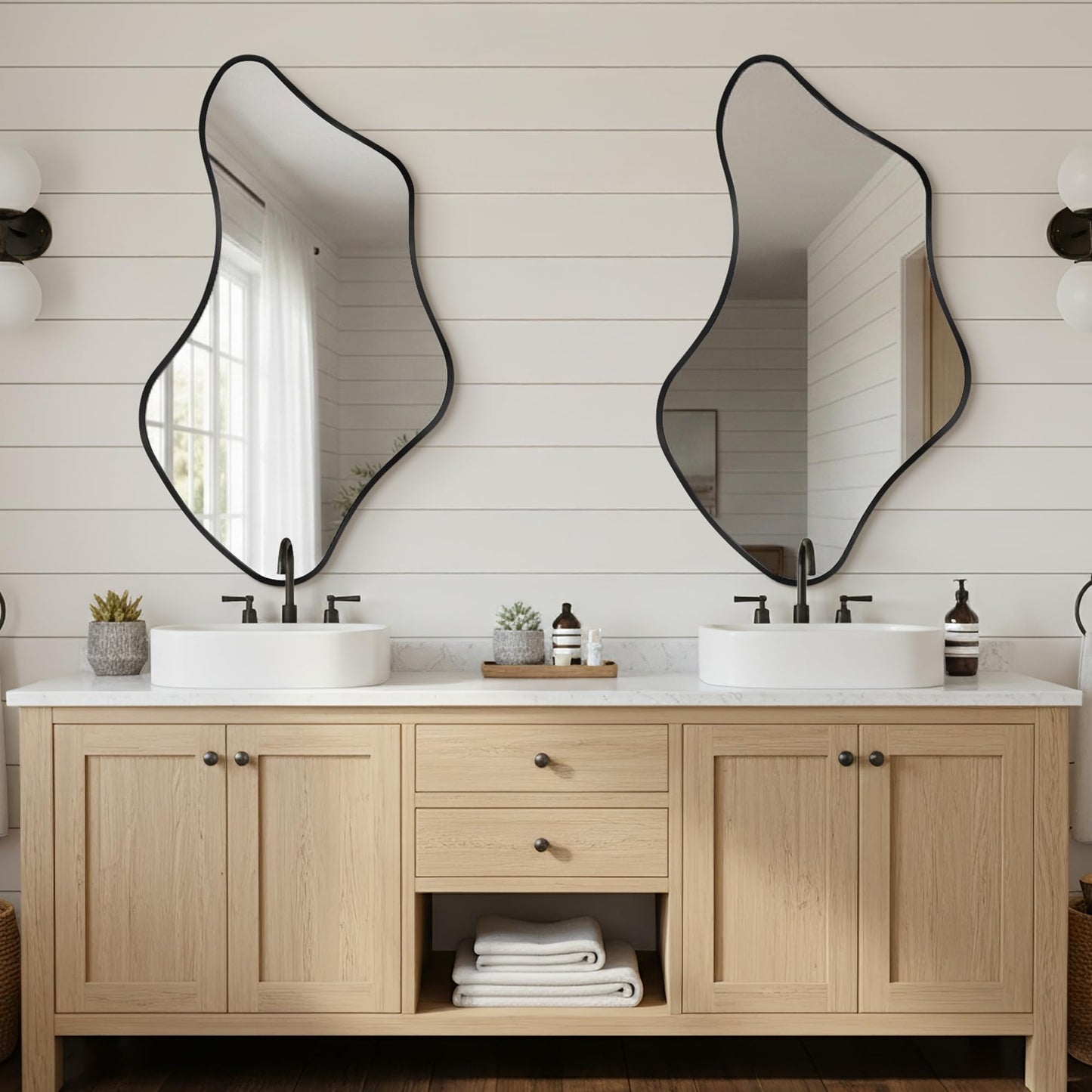 Fahomiss Asymmetrical Wall Mirror, Irregular Shaped Frameless Vanity Mirror, Modern Decorative Mirror for Entryway, Living Room, Bathroom (Black, 40" L x 24" W)