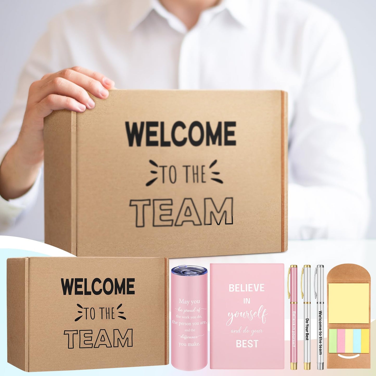 Teenyyou 7 Pcs New Employee Welcome to The Team Gift Set for Him or Her Welcome to The Team Gift Box Holiday Gifts Include 20oz Tumbler Notebook Pens and Sticky Note for New Employee Worker(Pink)