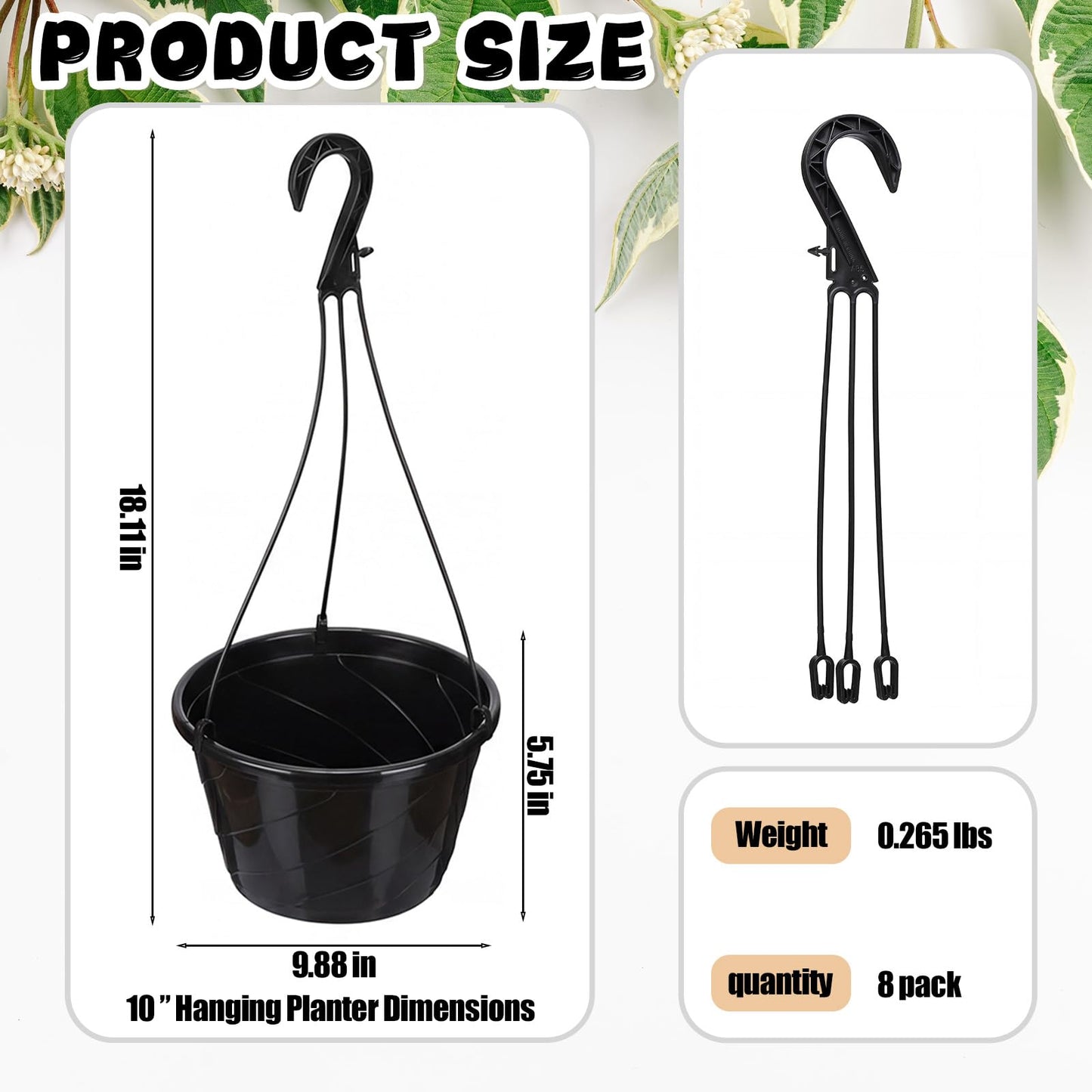 Romooa 8 Pcs 10 Inch Modern Euro Swirl Hanging Planter Uv-Resistant Plastic Hanging Basket Smart Drainage Lightweight Indoor Outdoor Flower Pots for Garden Porch Balcony Patio Home Decor (Black)