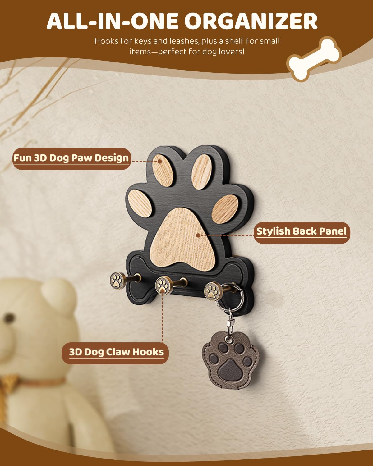 MTERSN Pine Wood Key Holder Wall Mount – Cute Dog Paw Key Hooks for Dog Leash Holder & Coat Rack for Entryway, Bedroom, or Living Room – Rustic Farmhouse Wall Decor for Home Organization (Black)