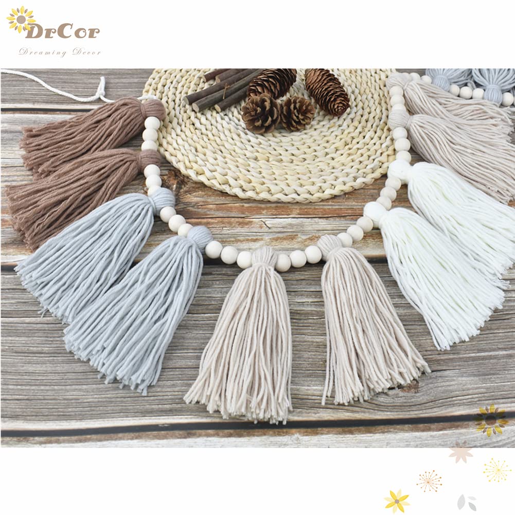 DrCor Neutral Boho Tassel Garland – Handmade Cream, Brown & Gray Yarn Banner for Nursery, Baby Shower, Birthday Party, Rustic Farmhouse Wall Hanging & Warm Cozy Home Decor