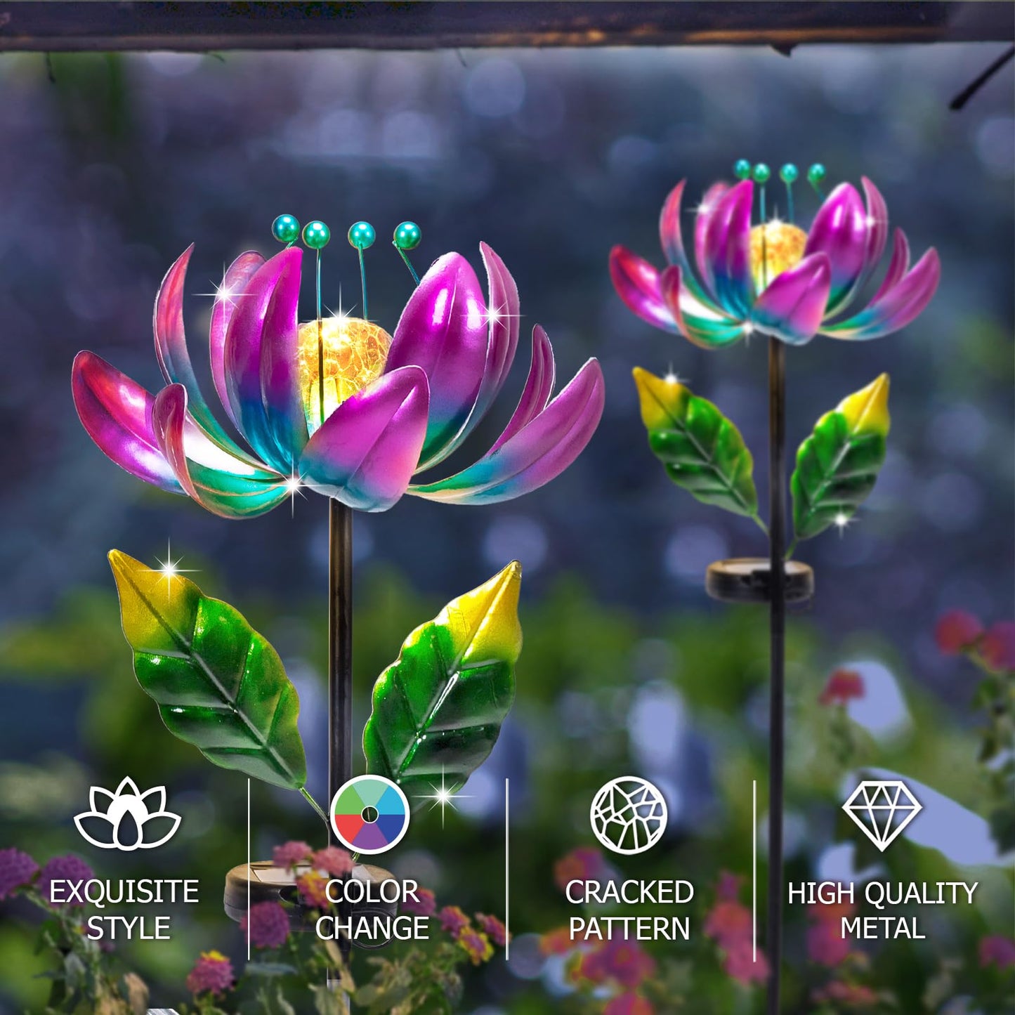 AIINY Solar Purple Metal Flower Wind Spinners, Colorful Spinning Windmill Lotus Yard Art Lights Wind Pinwheels with LED Crystal Ball Decorative Stake Lighting Flower Sculpture
