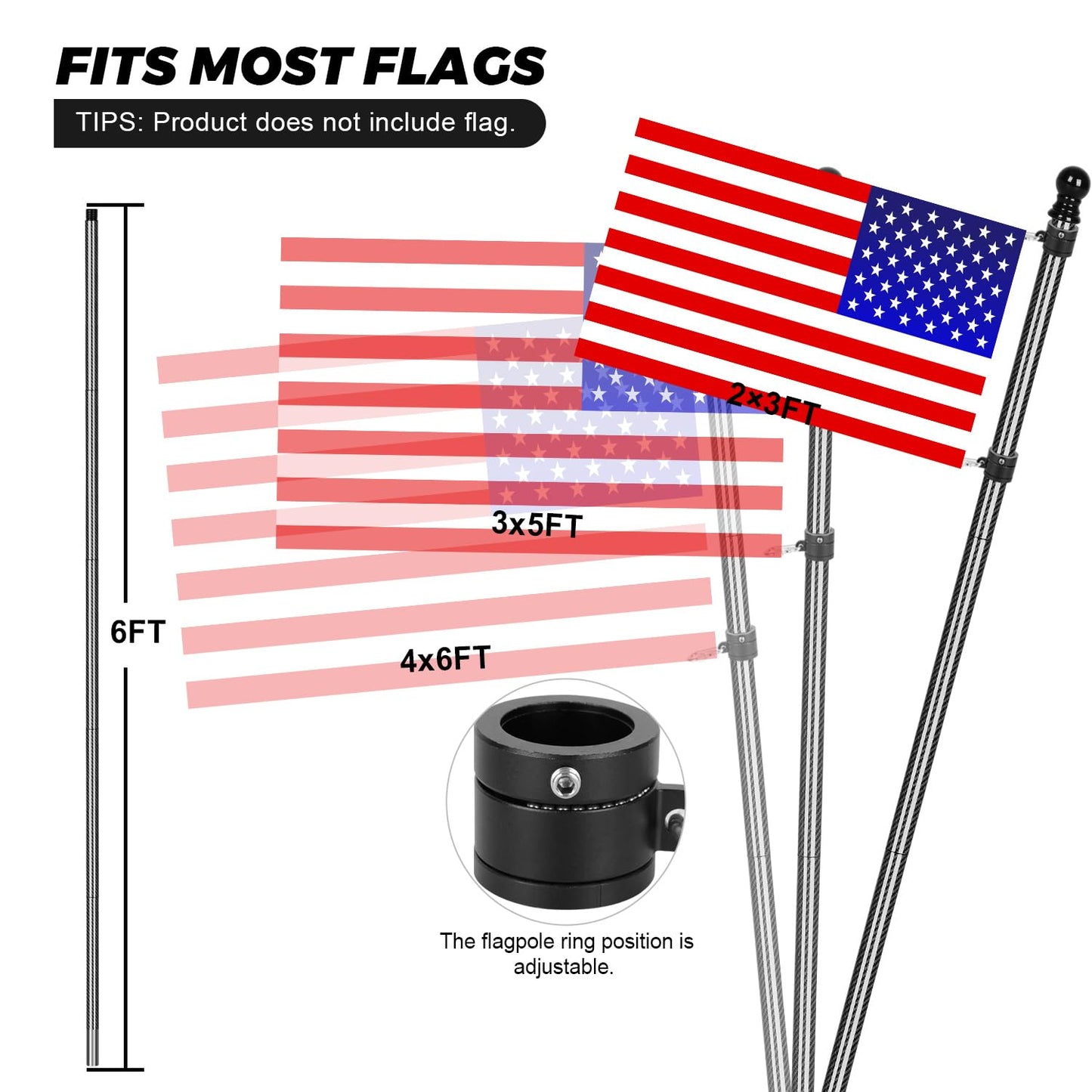 Msnaile 6FT Carbon Fiber Flag Pole, Flagpole for Outside House, Porch Flagpoles, Tangle Free Black Flag Pole Kit, Wind-Resistant, Bend-Resistant, Rust-Free (Includes Bracket, Plain Carbon Fiber)