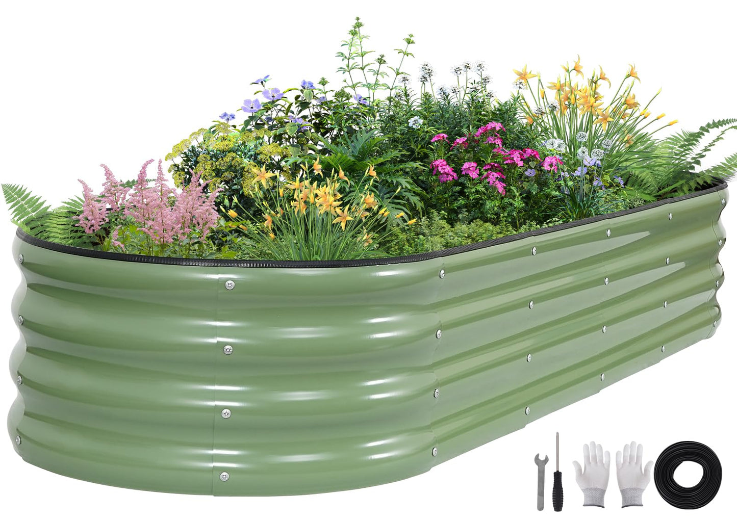 BIRDSINYARD Galvanized Raised Garden Bed - 6×2×1ft Planter Raised Beds for Gardening | Oval Metal Garden Planter Box with Safety Edging and Gloves for Vegetables Fruits and Flower OliveGreen