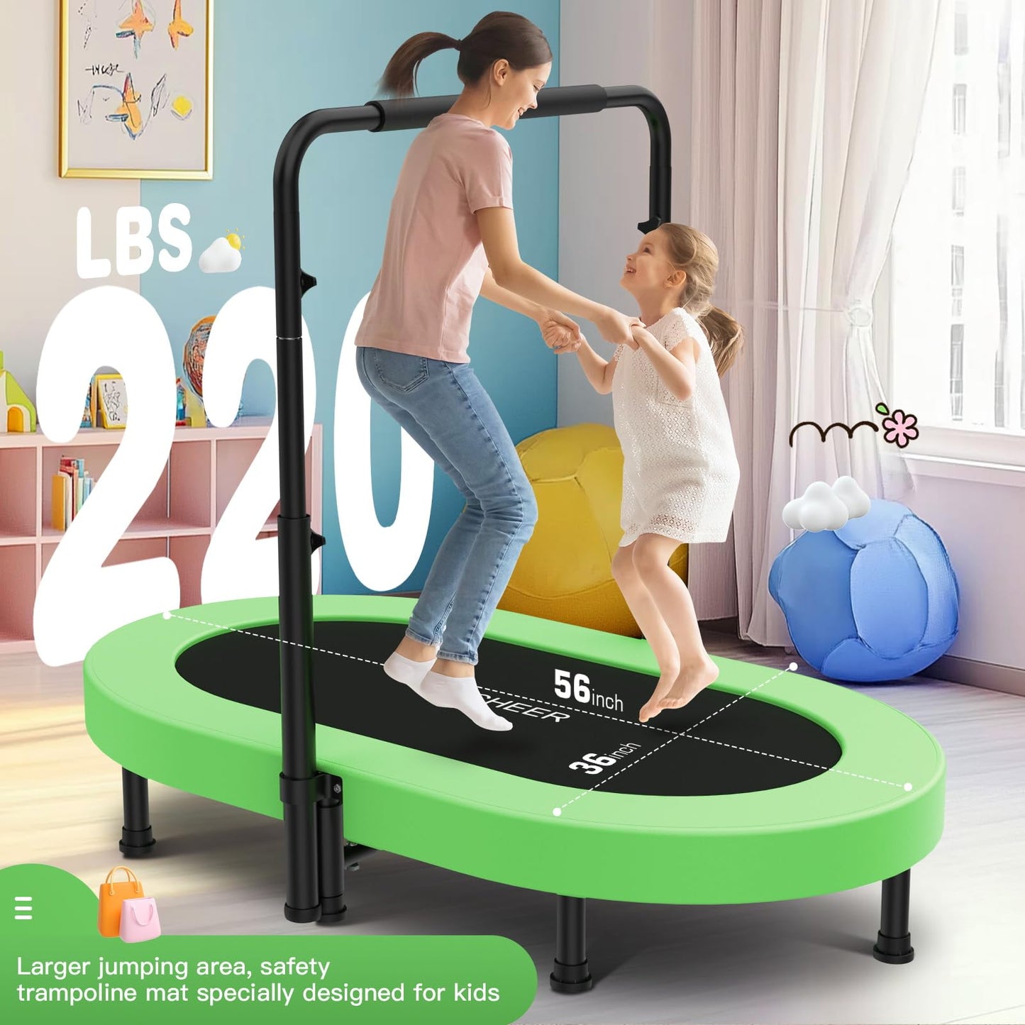 ANCHEER 56" Double Mini Trampoline for Kids, Mini Rebounder with 5-Level Adjustable Handle, Parent-Child Trampoline for Kids, Max Load 220lbs, Fun for Indoor/Outdoor