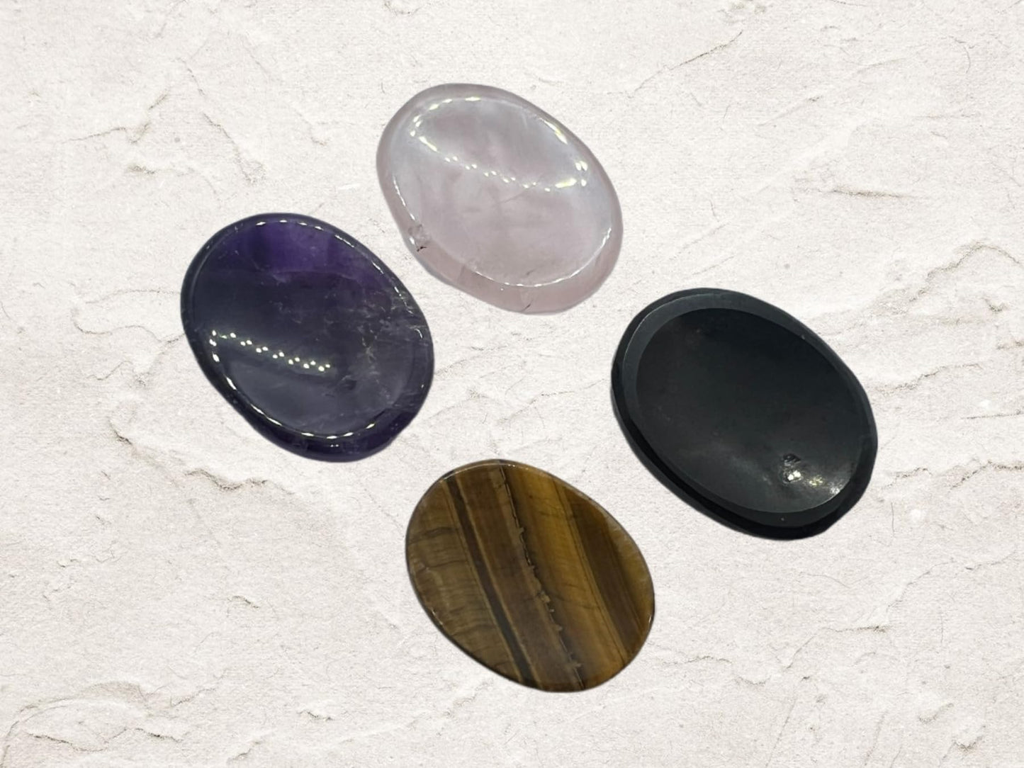 Set of 4 Pieces of Amethyst, Rose Quartz, Tigers Eye, Black Tourmaline Thumb Worry Stones Metaphysical Gemstone Crystal Healing Reiki Men Women Gift