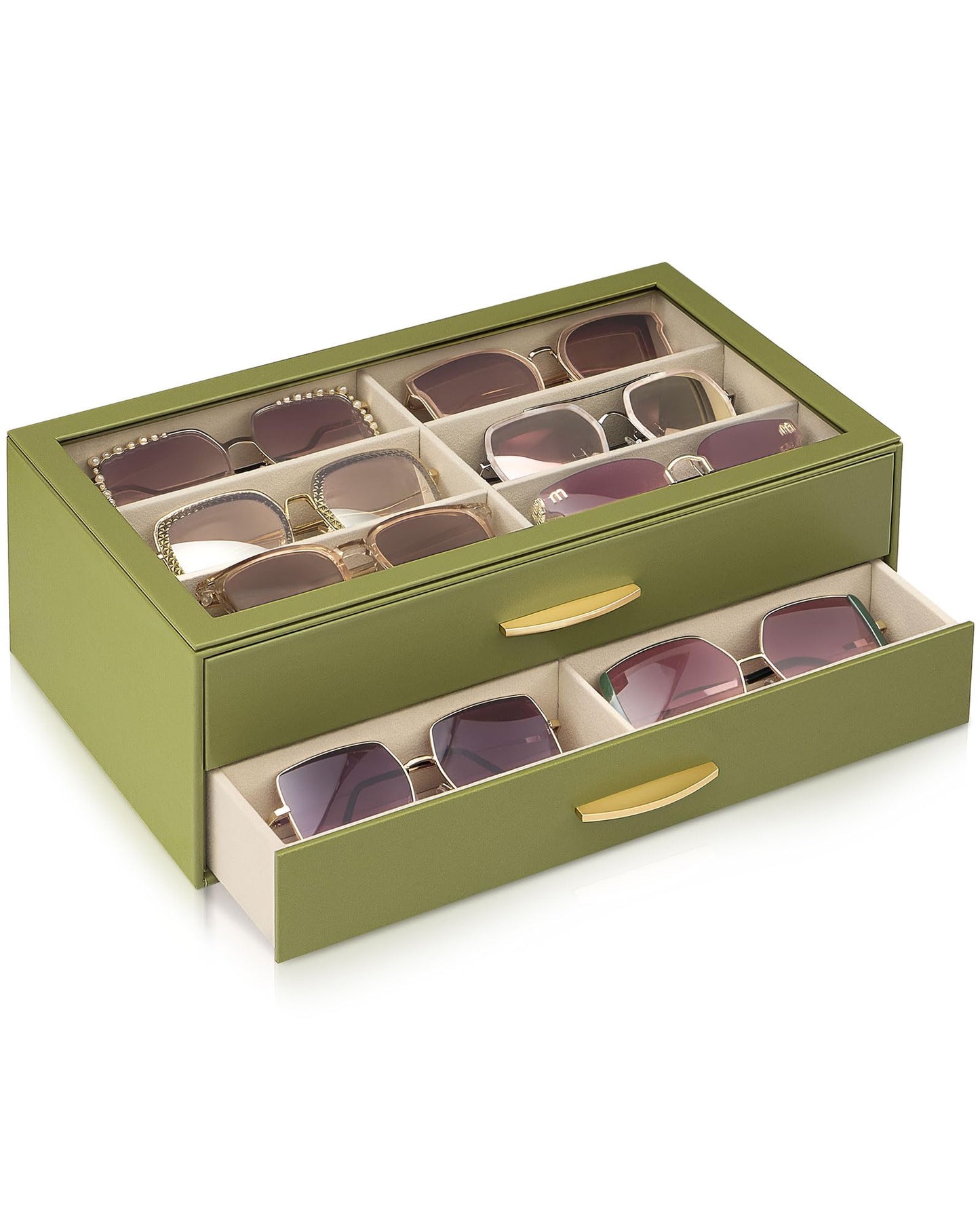 Lolalet 12 Slots Women’s Sunglasses Organizer with Enlarged Compartment, 2-Layer Eyewear Storage Box, Glasses Case Display Holder with Clear Lid for Eyeglass Collection, Mothers Day Gifts -SageGreen